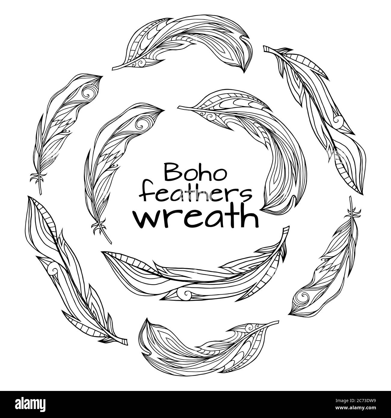 Wreaths of hand drawn feathers with boho pattern. Tribal doodle ...