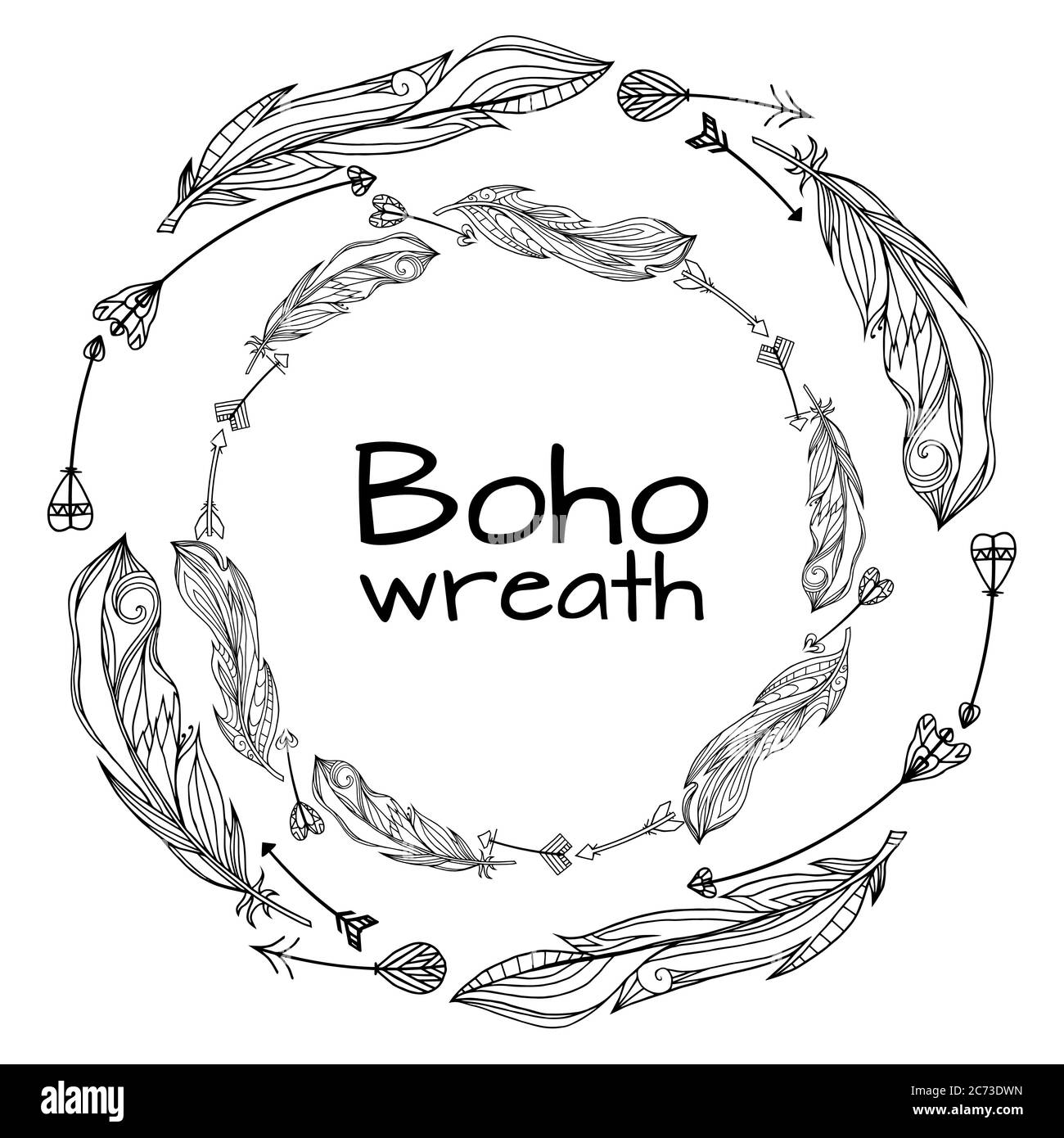 Wreaths of hand drawn feathers with boho pattern and doodle arrows ...
