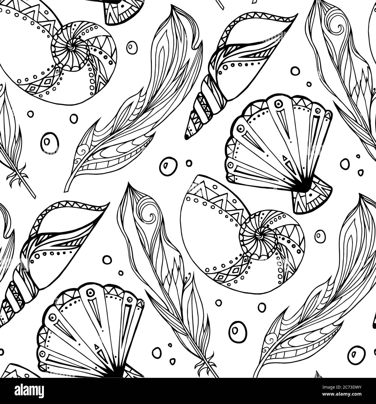 Seamless black and white pattern of hand drawn feathers and seashells ...