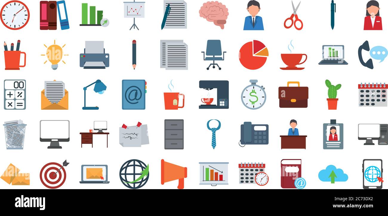 office supply stationery work business flat style icons set vector ...