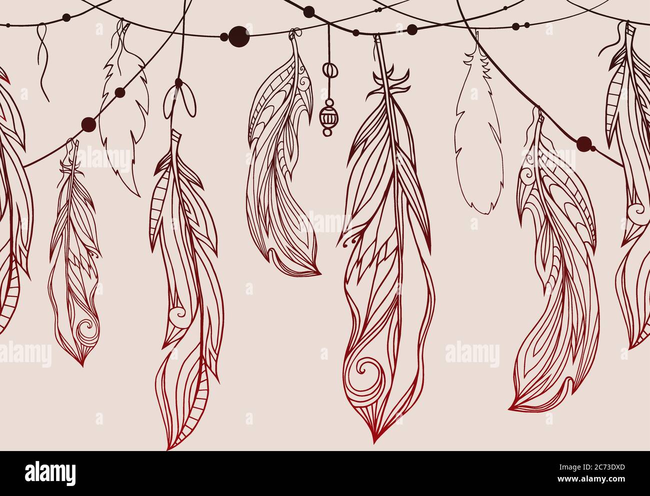 Seamless pattern of hanging hand drawn feathers  with boho pattern. Tribal doodle background. Vector element for your creativity. Stock Vector
