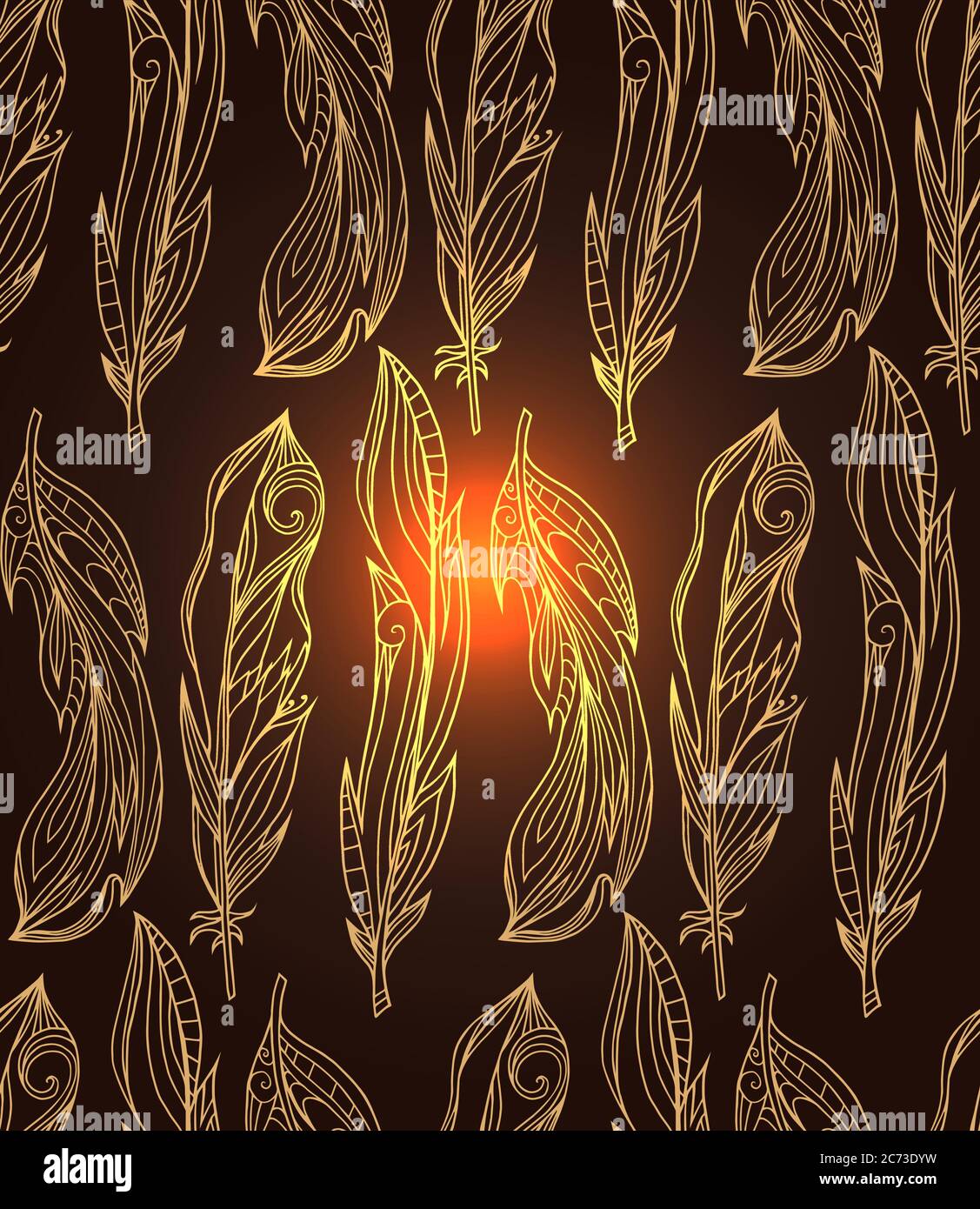 Seamless pattern of gold hand drawn feathers with boho pattern. Tribal ...