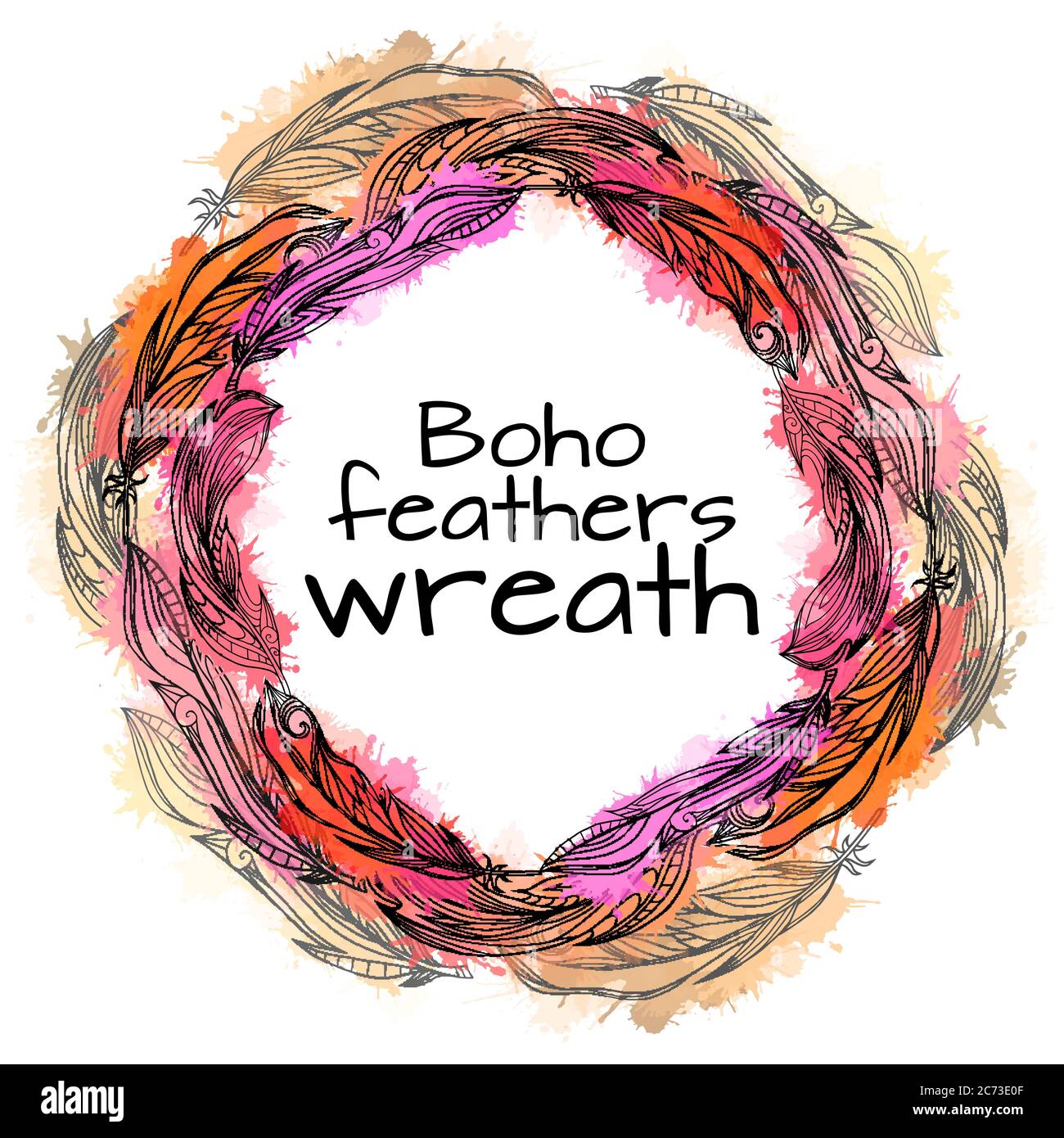 Wreath of hand drawn feathers with boho pattern and watercolor splashes ...