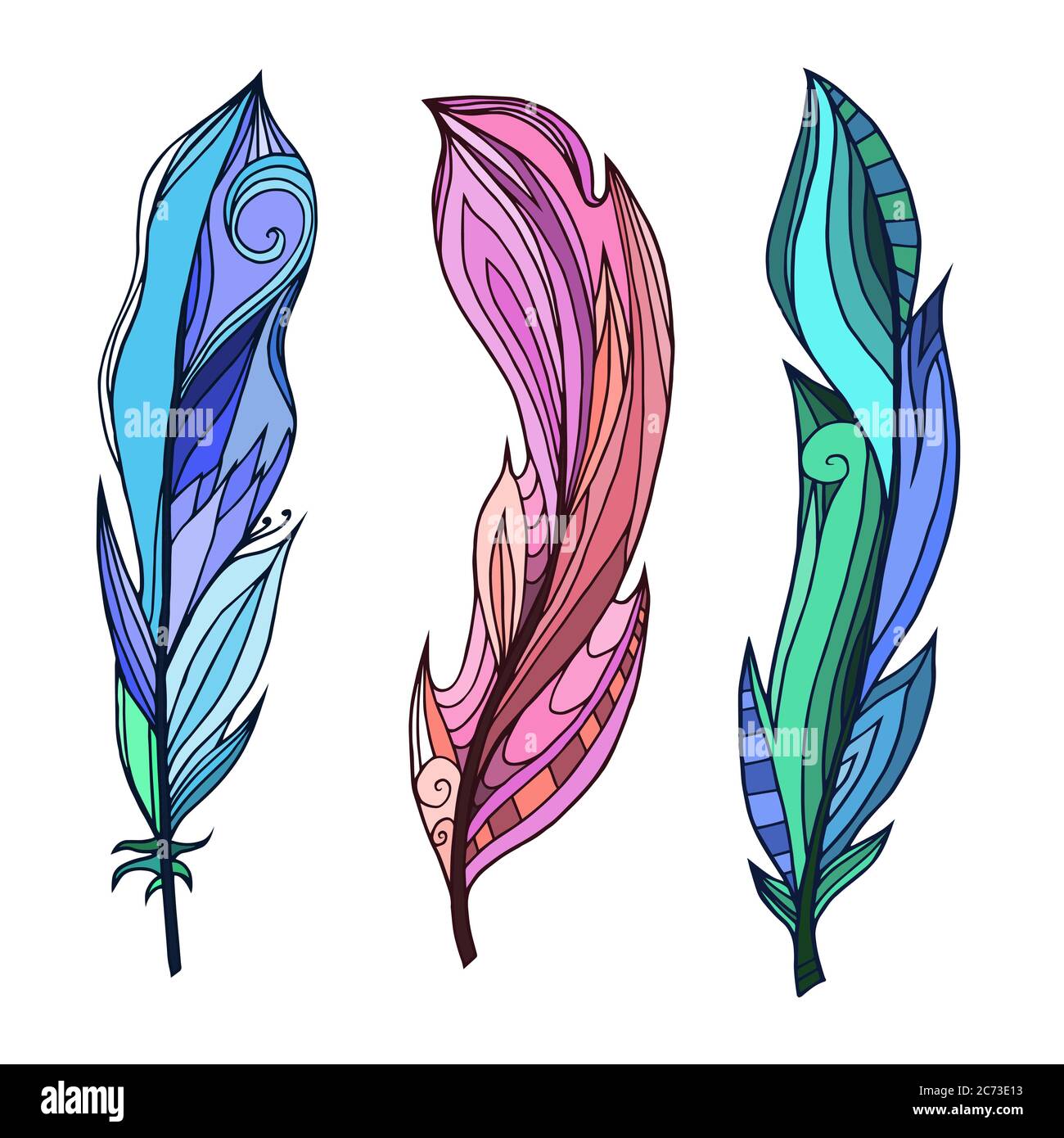 Set of hand drawn coloring feathers with boho pattern. Tribal doodle ...
