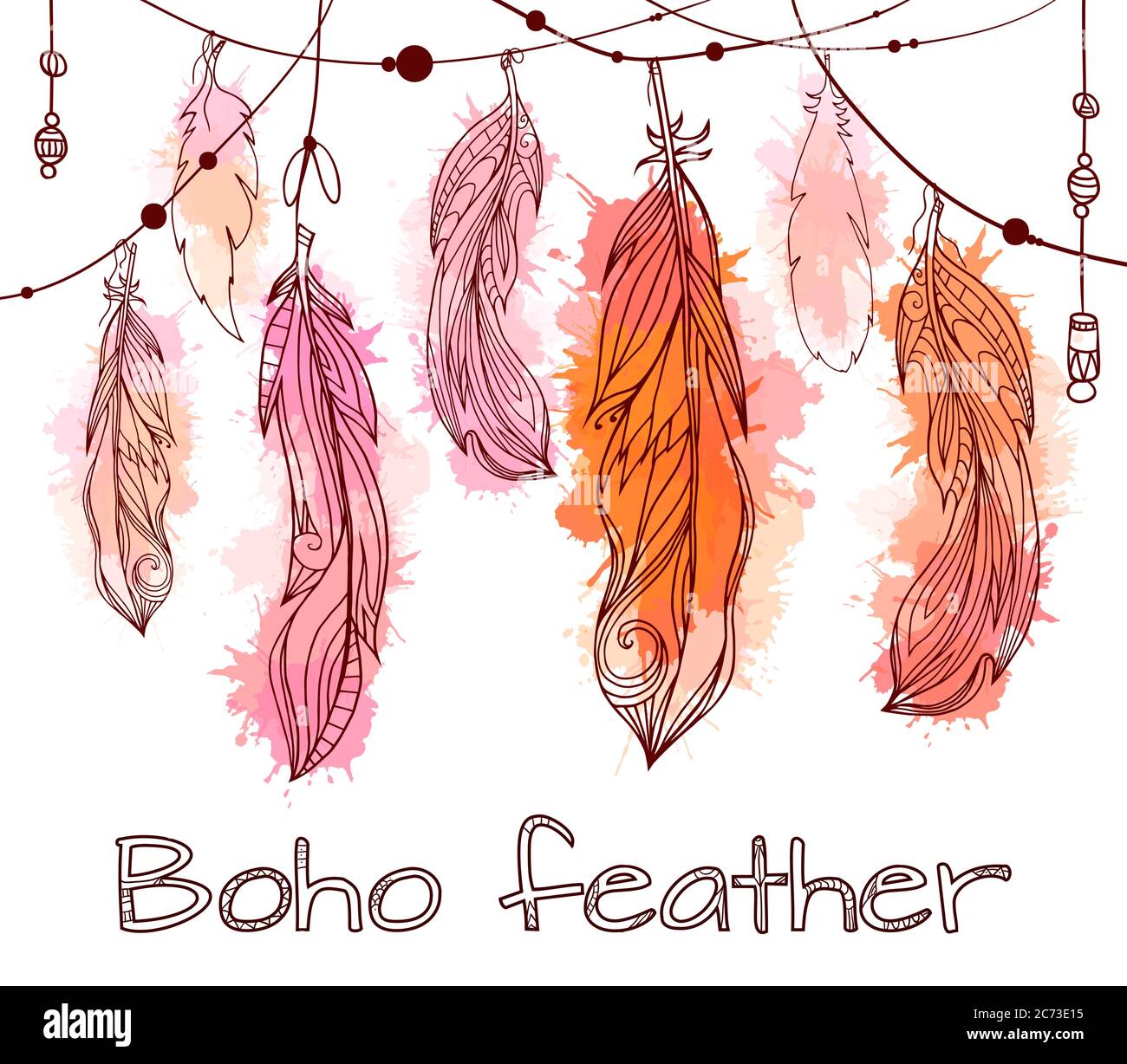 Card with hanging hand drawn feathers with boho pattern and watercolor ...