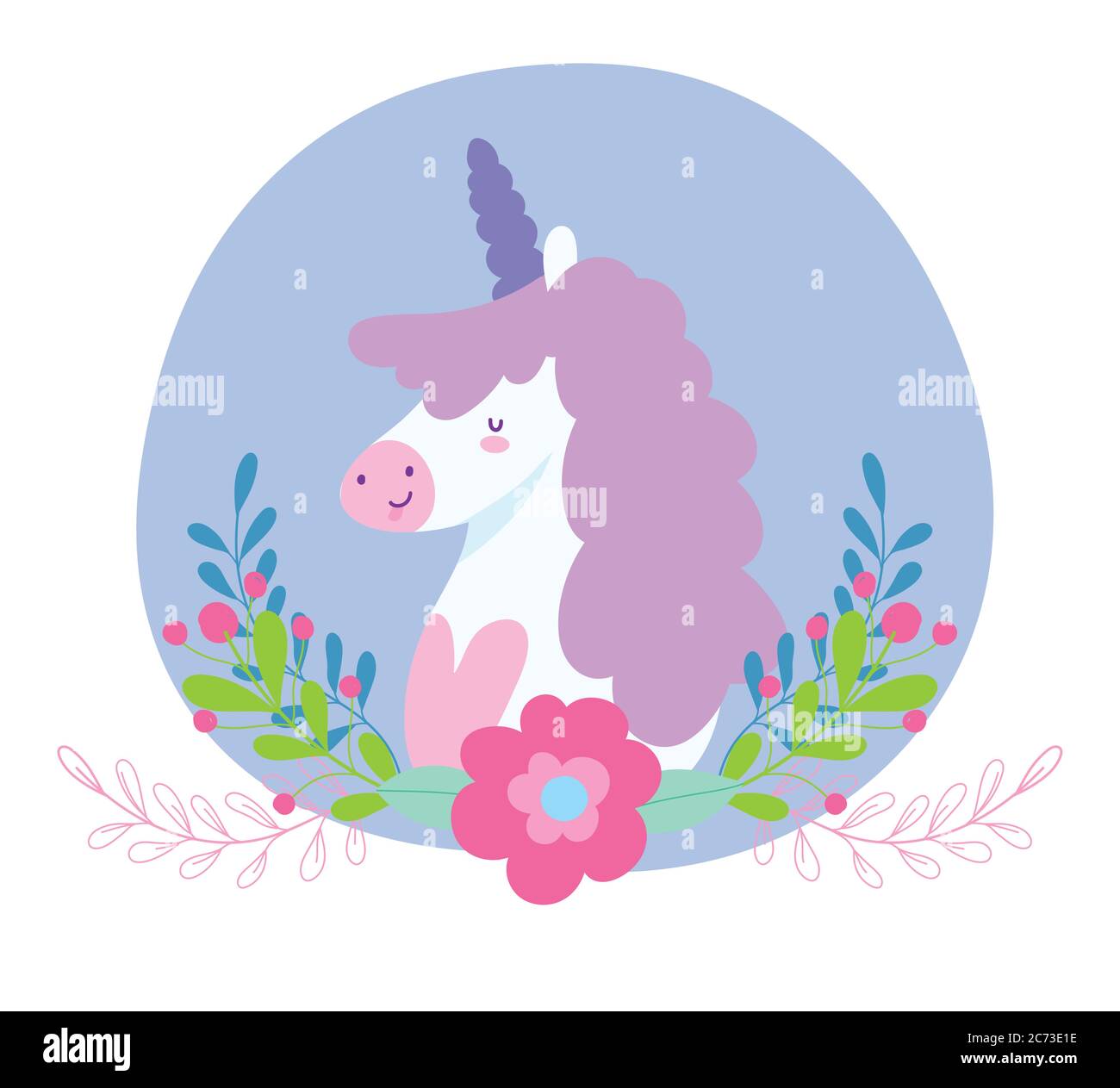 little unicorn flowers branches fantasy magic animal cartoon vector ...
