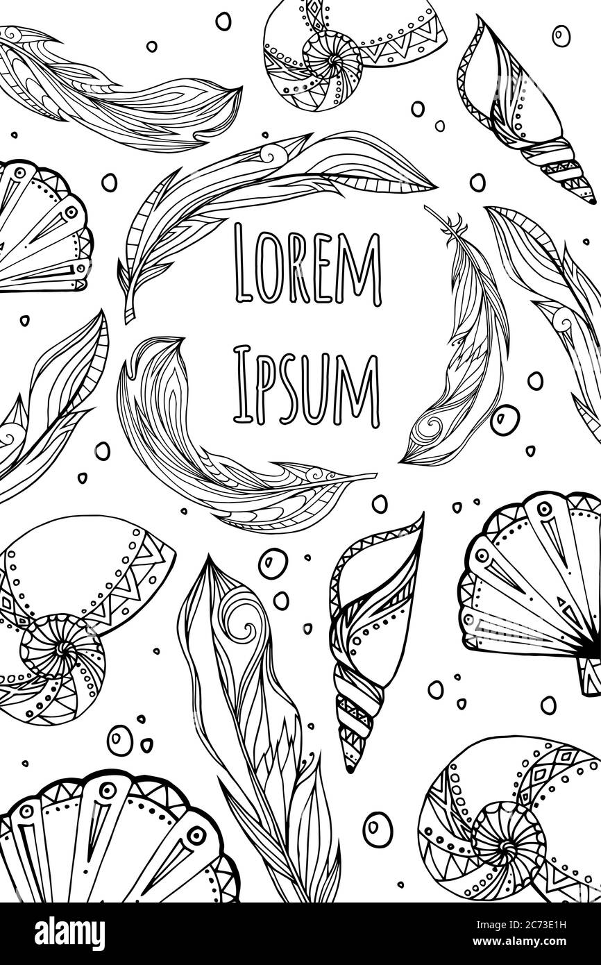 Card with hand drawn feathers and seashells with boho pattern. Tribal ...