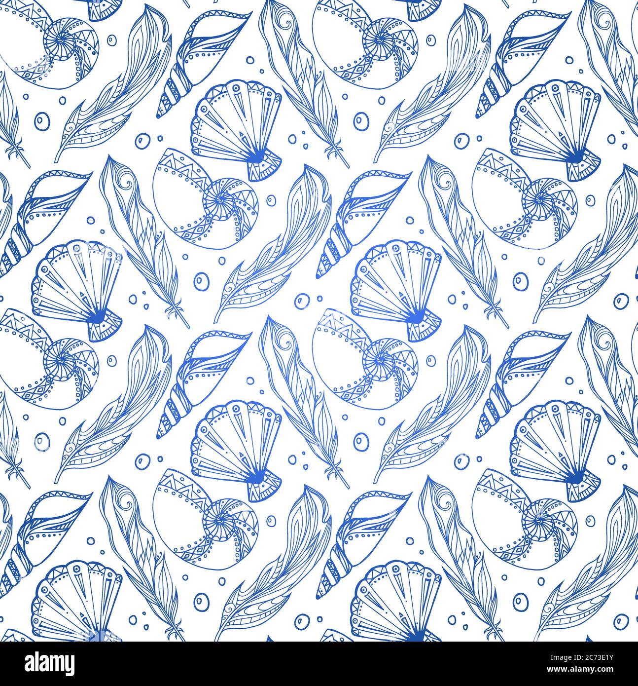 Seamless pattern of hand drawn feathers and seashells with boho pattern ...