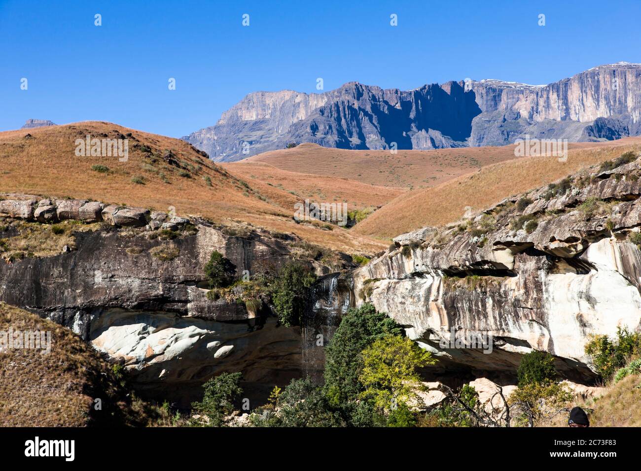 Drakensberg, distant view of 'Eland cave' rock art site, Didima gorge, Giants Castle Game Reserve, Uthukela, KwaZulu-Natal, South Africa, Africa Stock Photo