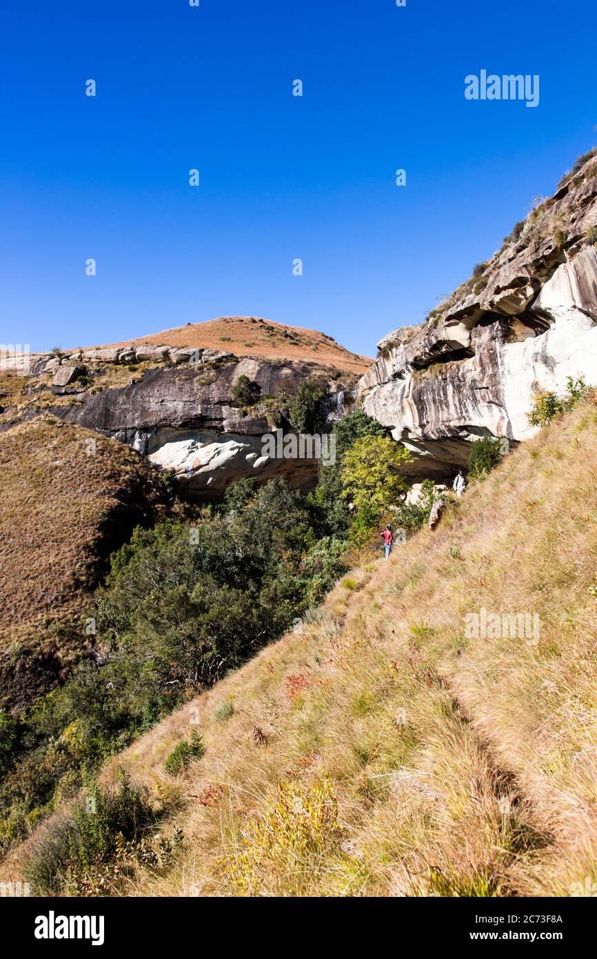 Drakensberg, distant view of 'Eland cave' rock art site, Didima gorge, Giants Castle Game Reserve, Uthukela, KwaZulu-Natal, South Africa, Africa Stock Photo