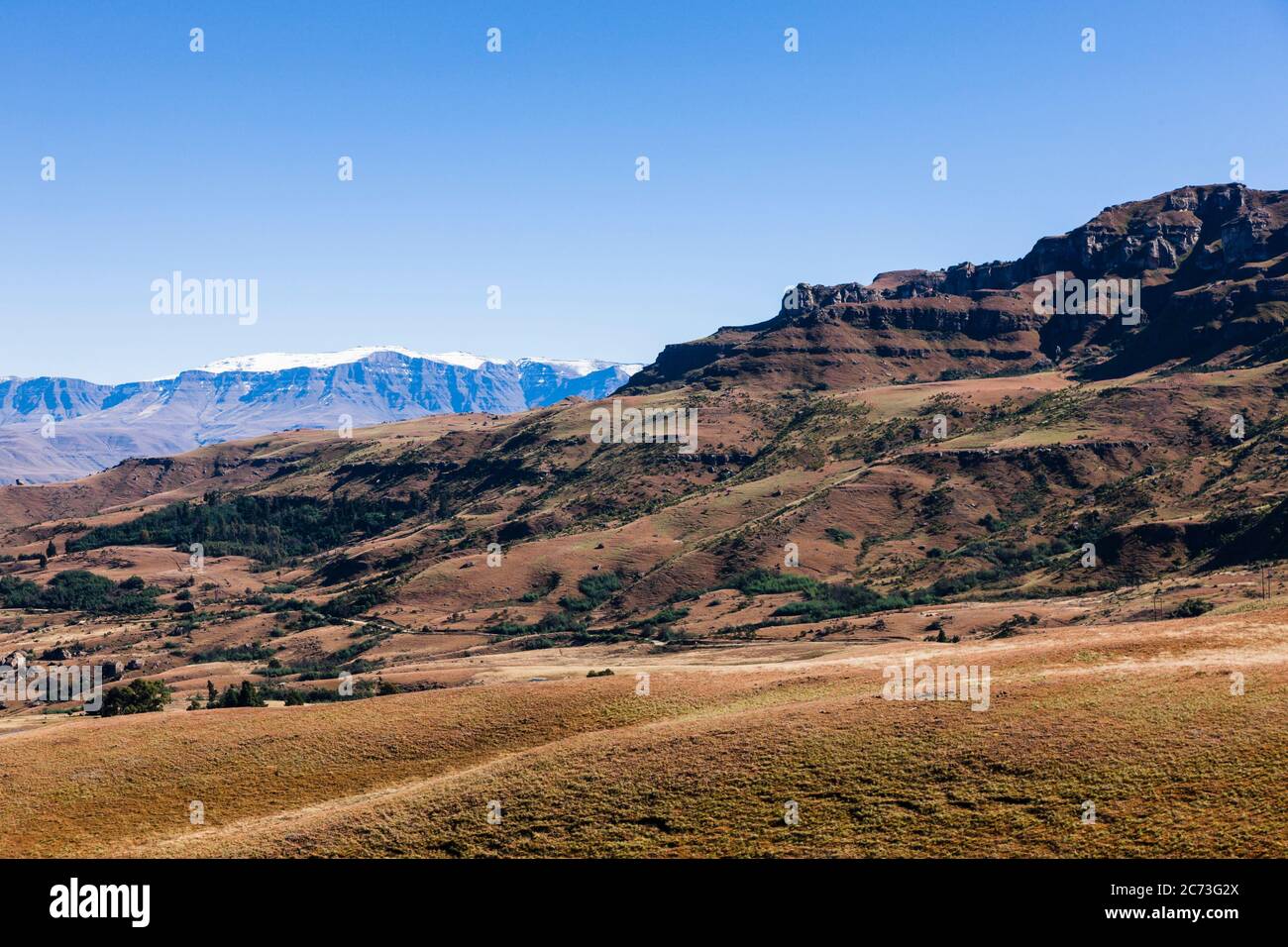 Drakensberg, view of mountains and Mkhomazi Wilderness area, from Lower Lotheni Road, KwaZulu-Natal, South Africa, Africa Stock Photo