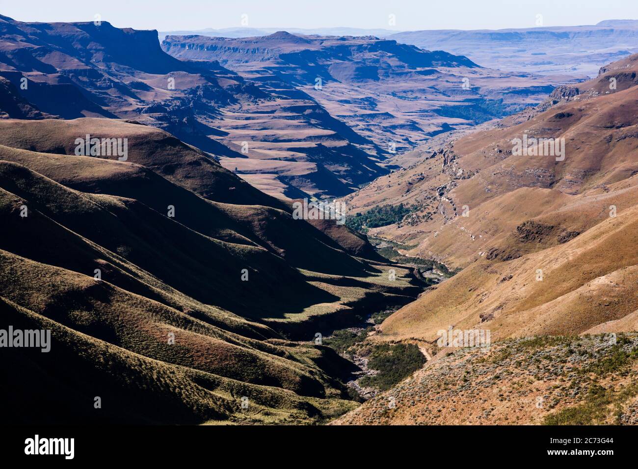 Drakensberg, Sani Pass Road, view of mountains and valley, Mkhomazi Wilderness area, KwaZulu-Natal, South Africa, Africa Stock Photo