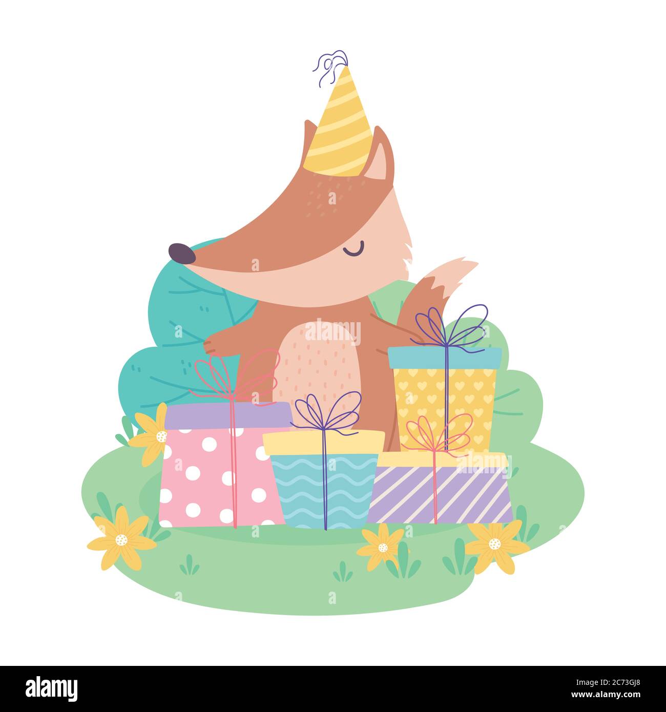 happy birthday, cute fox with party hat and gift boxes, celebration ...