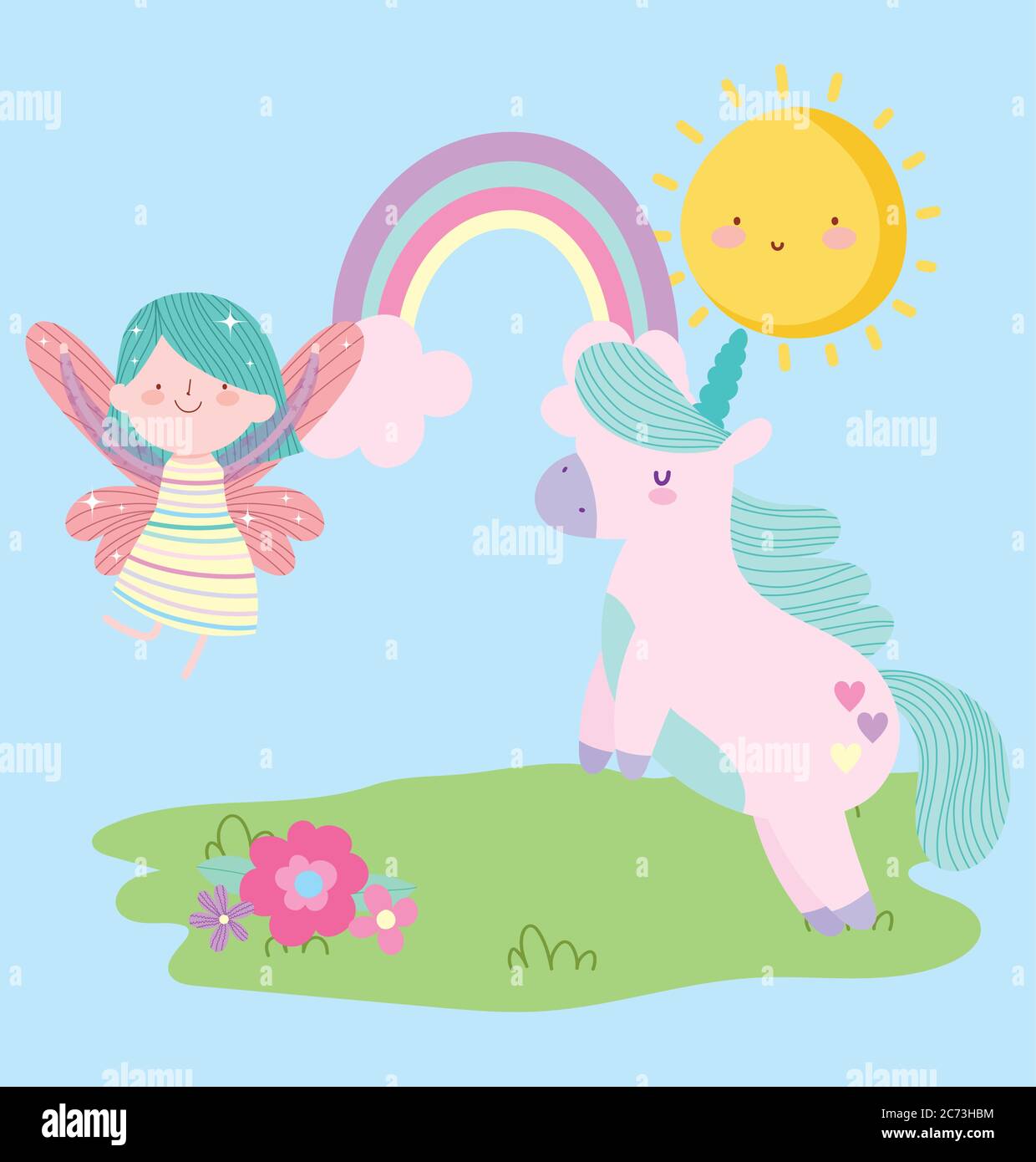 Flying Little Fairy Princess Unicorn And Rainbow Tale Cartoon Vector