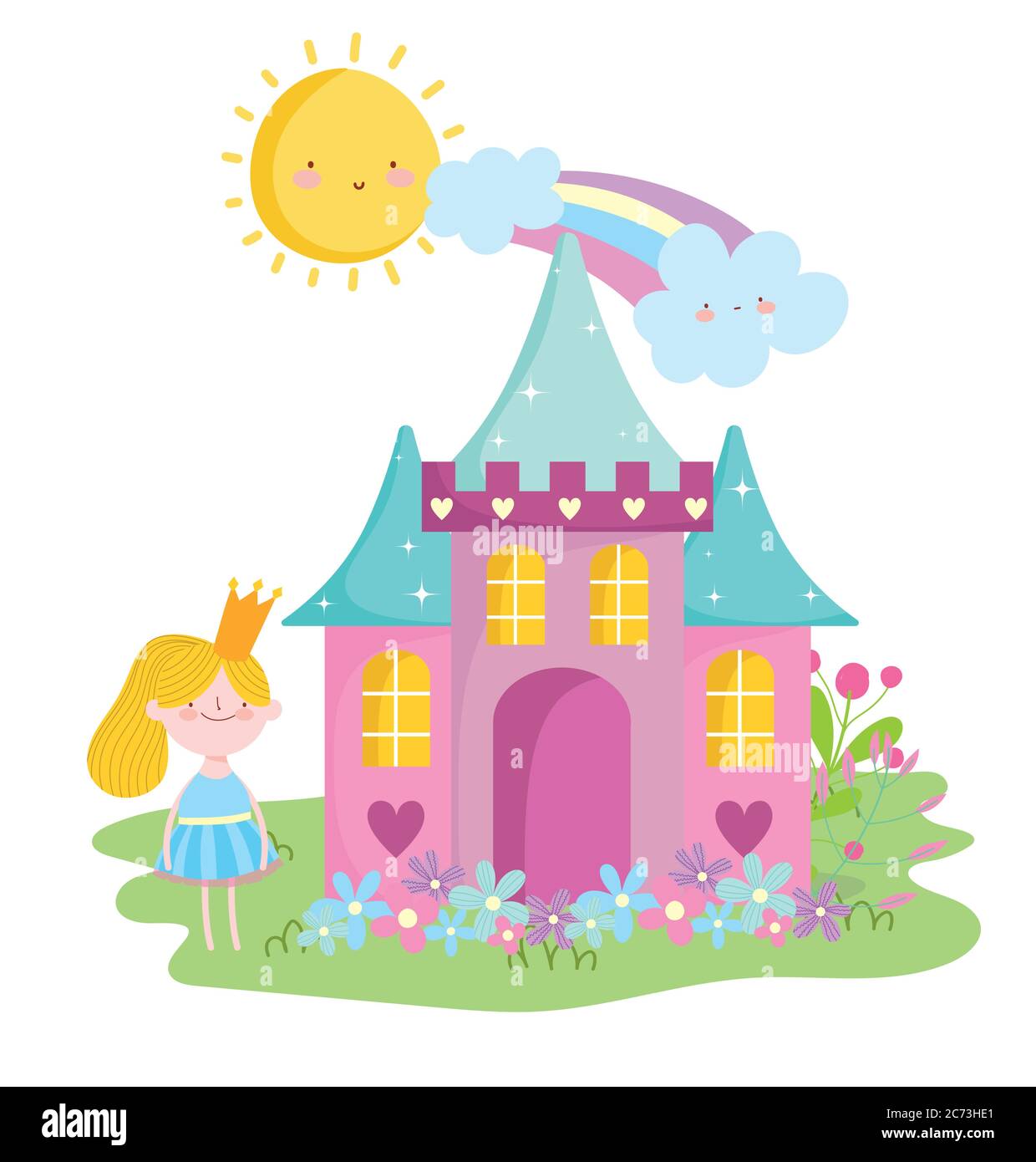 little fairy princess with castle crown flowers rainbow tale cartoon ...