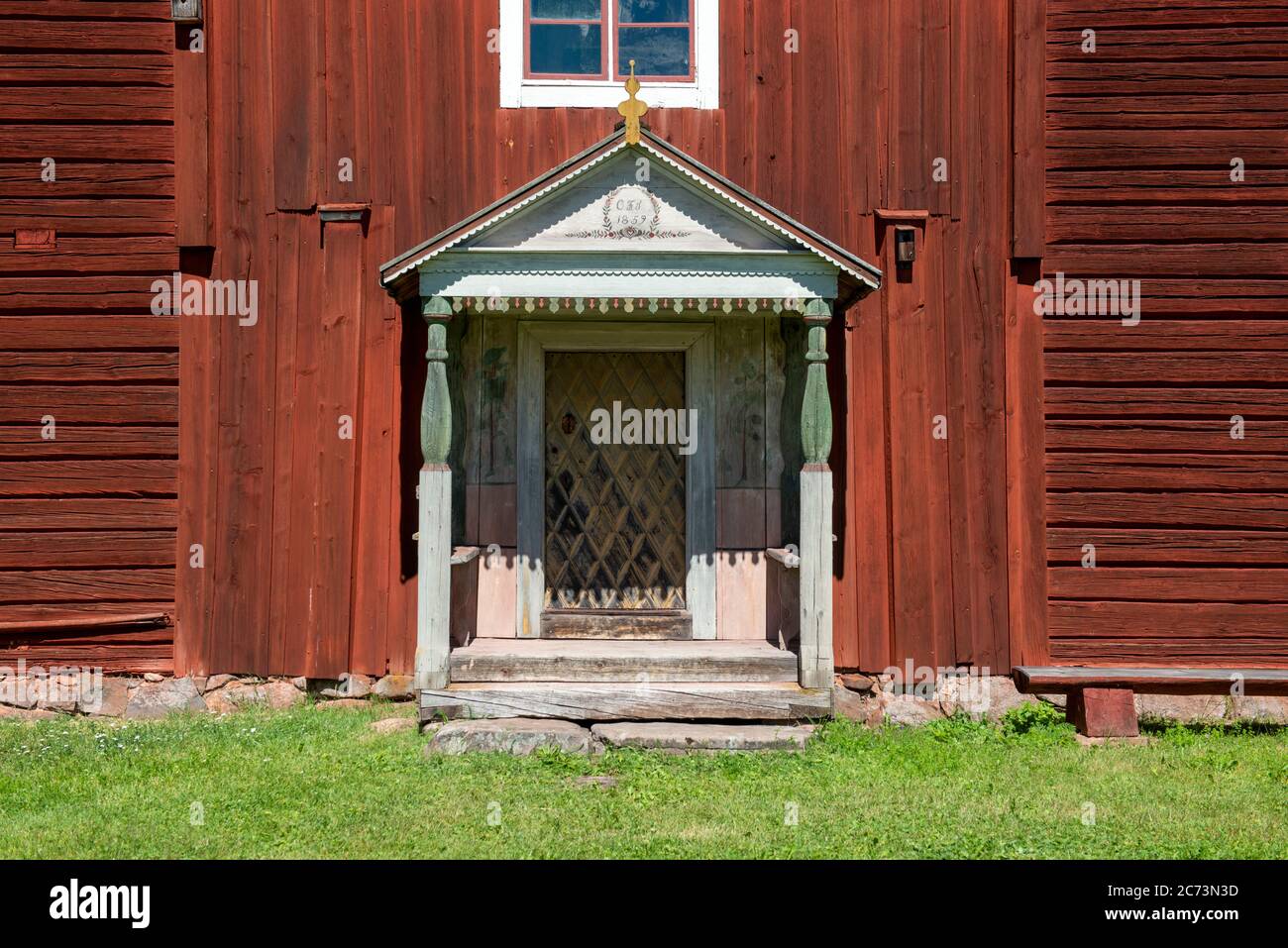 Porch at a traditional house, Matsgården, Östbjörka, Rättviks kommun, Dalarna, Sweden, Sverige Stock Photo