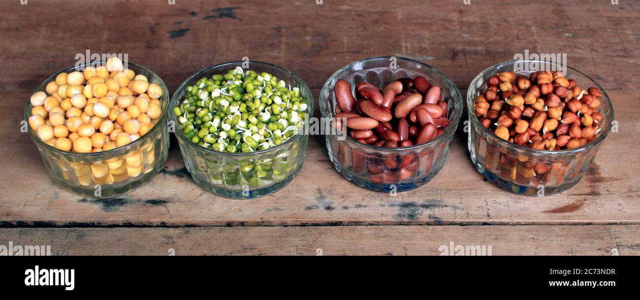 Collection of legumes (chickpeas, green peas, green mung beans, Red