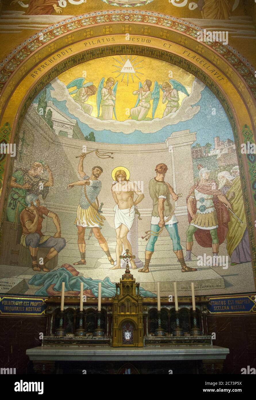 Apr 28. 2014 Lourdes France Soldiers took Jesus and scourged. Monumental mosaic murals adorn the interior of Rosary Basilica. Stock Photo