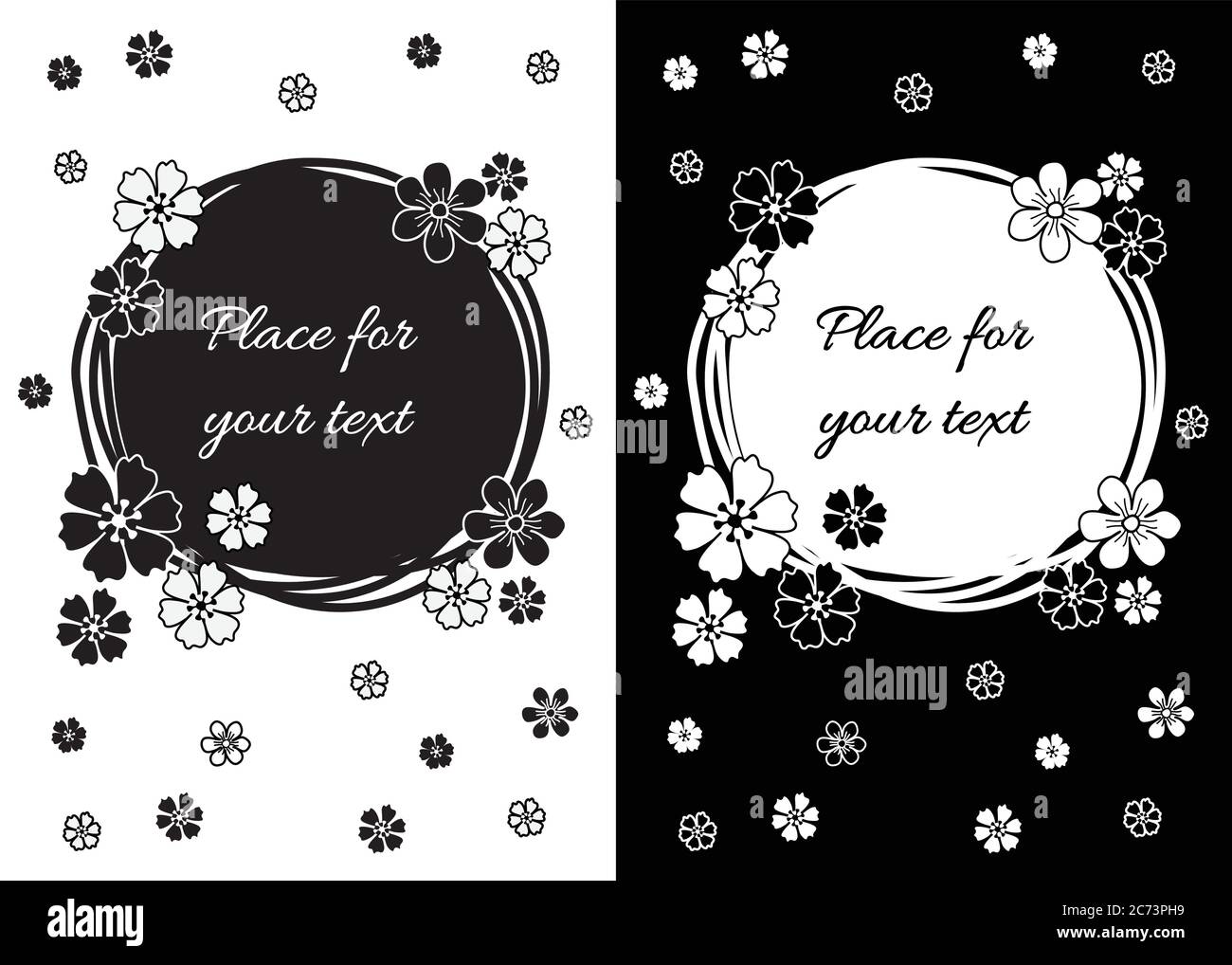 Floral greeting card design rectangular with black and white hand drawn ...