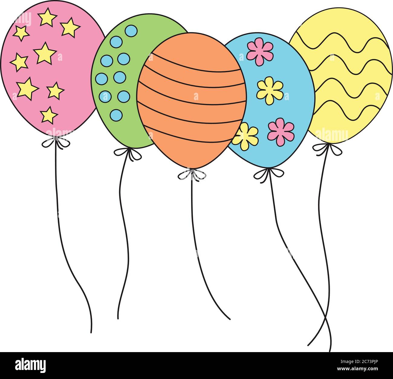 five cute party celebration balloons in multi colors outlined decorated with stars, flowers, dots and stripes. vector EPS10 illustration, kids cartoon Stock Vector