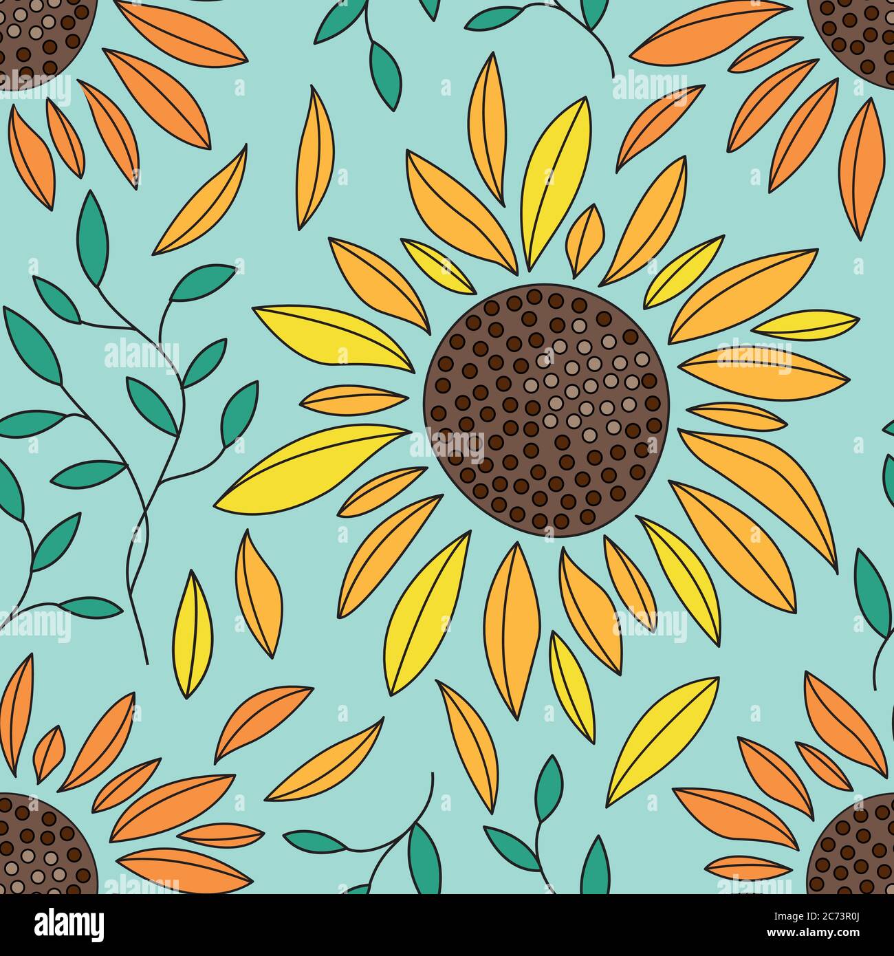 Seamless Abstract Floral Pattern With Yellow Orange Sunflowers And