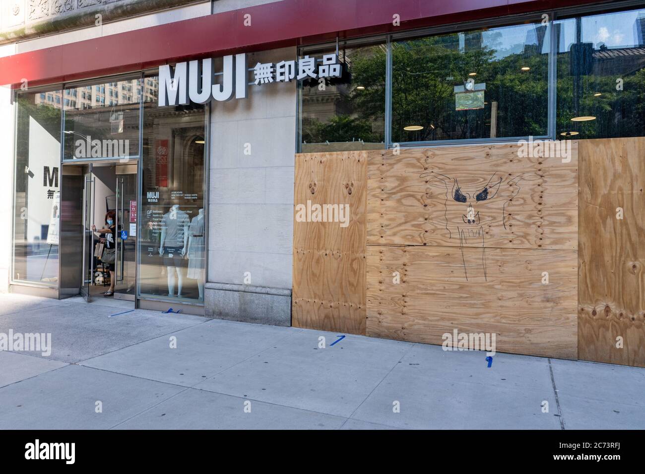 A Muji store on Fifth Avenue logo seen at one of their stores. Trendy home-goods chain Muji has filed for Chapter 11 bankruptcy because of COVID-19 pandemic. The company plans to use bankruptcy process to emerge with focus on online sales. Stock Photo