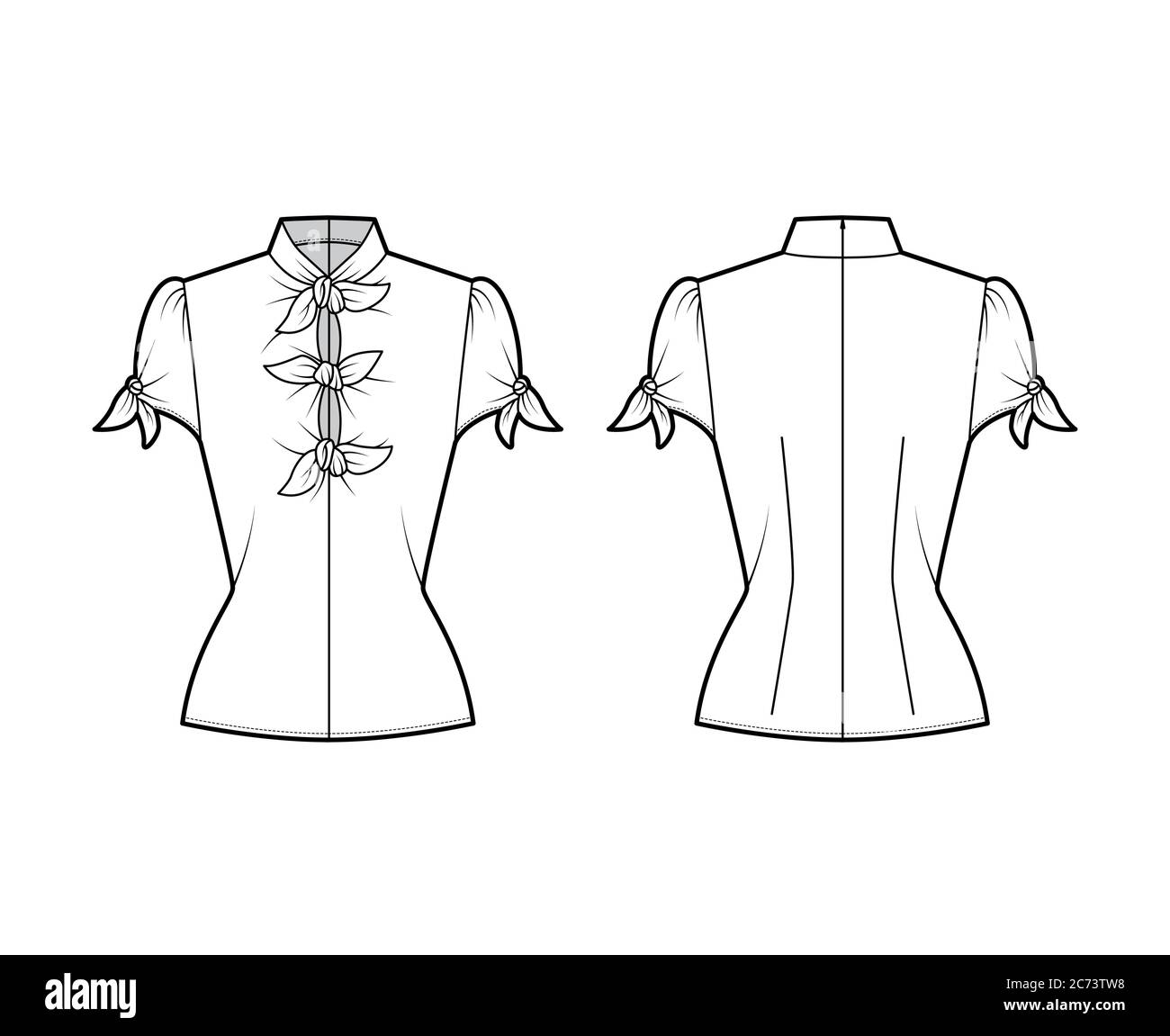 Knotted cutout blouse technical fashion illustration with high neckline, puffed volume sleeves, back zip fastening. Flat apparel template front, back white color. Women men unisex garment CAD mockup Stock Vector