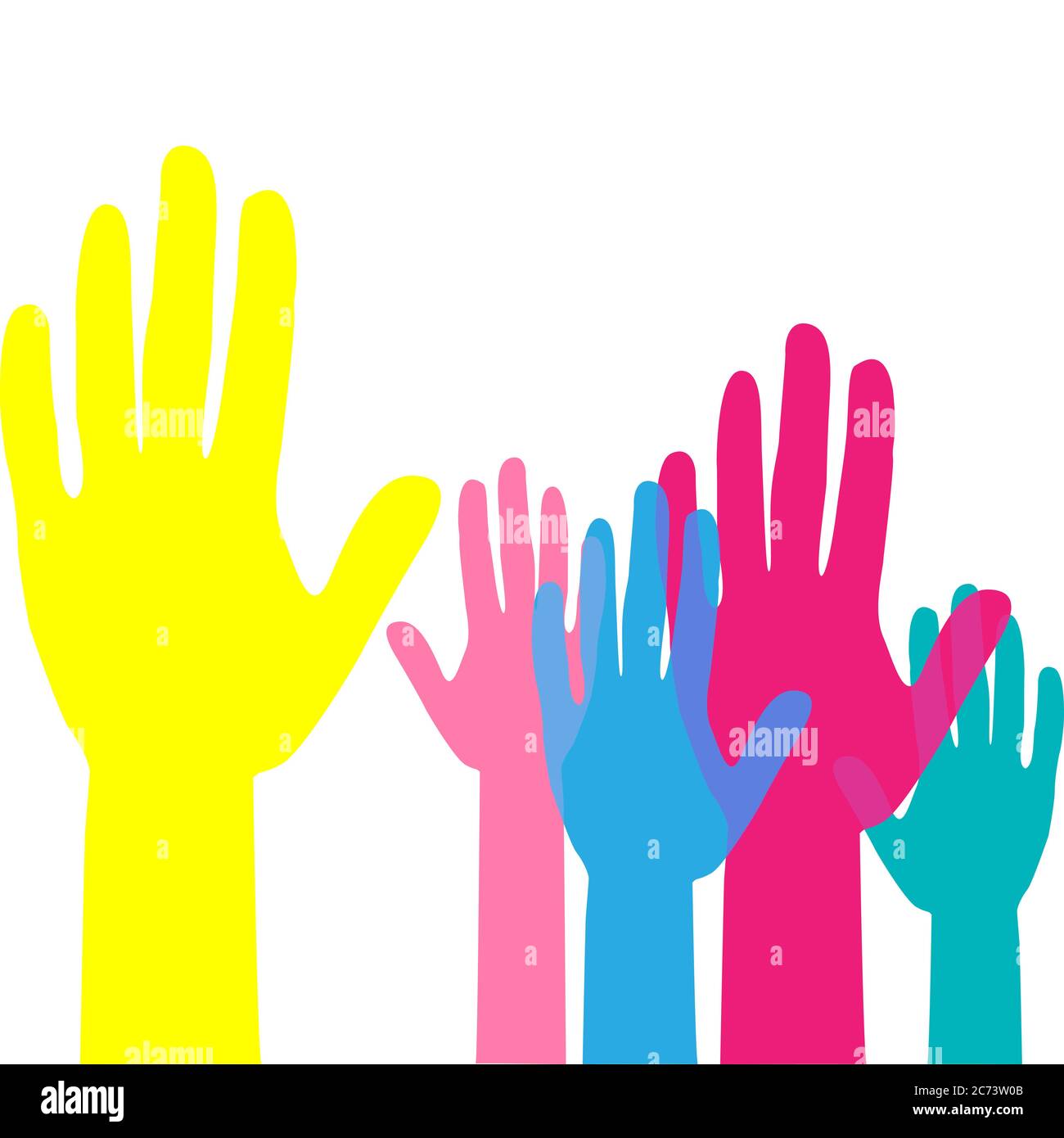 Colorful up hands. Raised hands volunteering. team work concept Stock ...