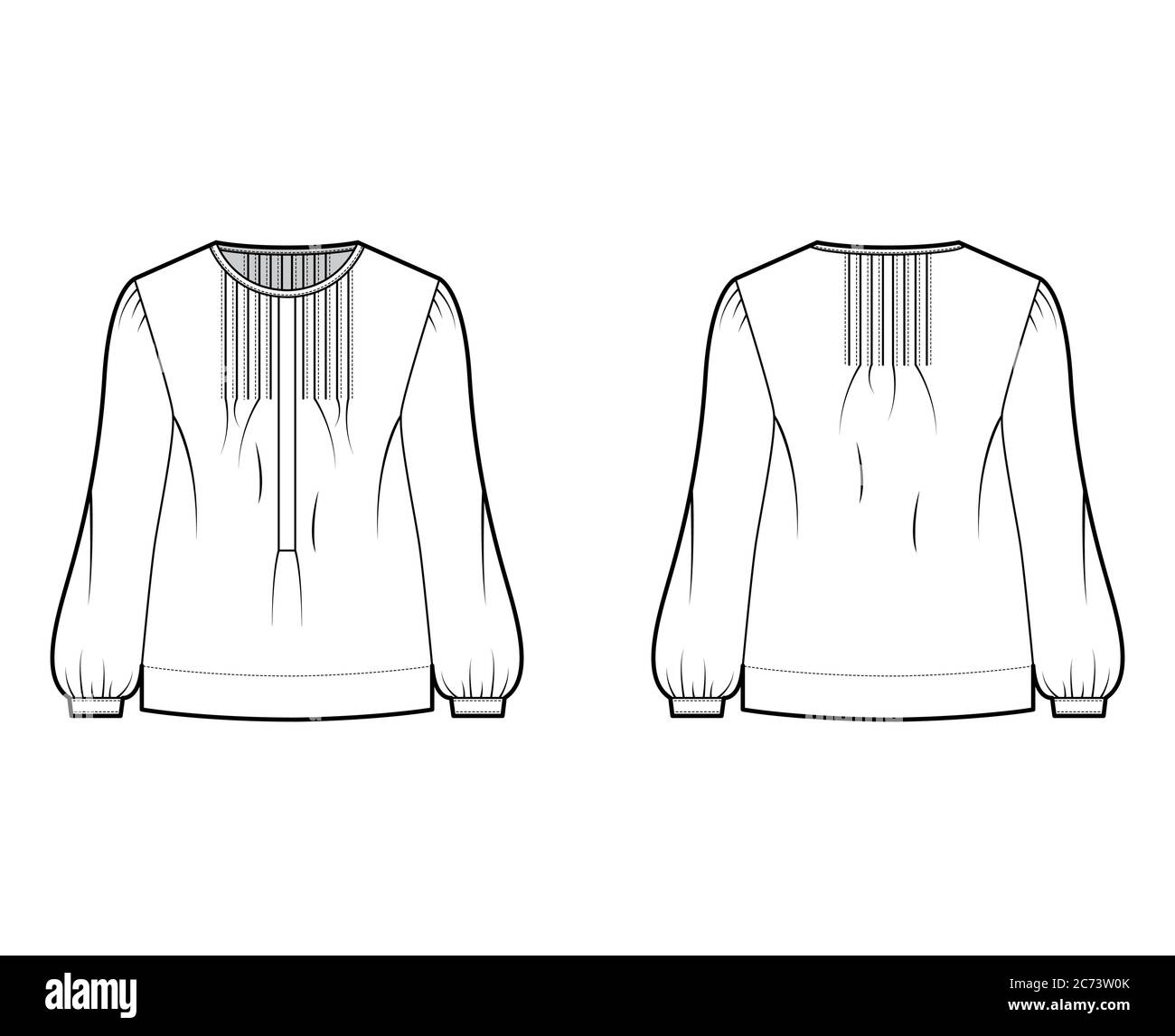 Pintucked top technical fashion illustration with oversized body, banded henley collar, long sleeves. Flat blouse apparel template front, back, white color. Women, men unisex shirt CAD mockup  Stock Vector