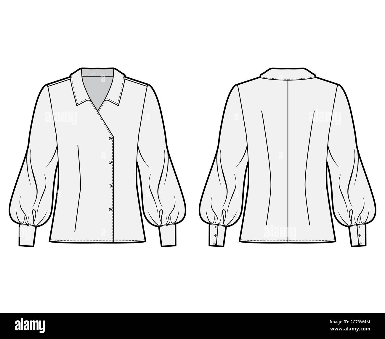 Blouse technical fashion illustration with oversized body, long bishop  sleeves, regular collar, double breasted. Flat apparel template front, back  grey color. Women, men unisex CAD garment mockup Stock Vector Image & Art -