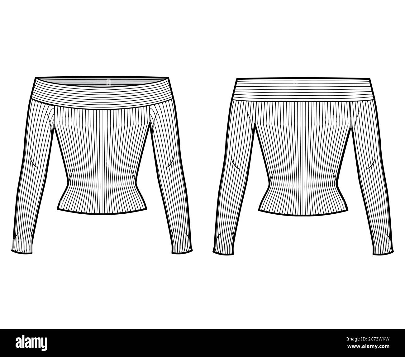 Offtheshoulder ribbedknit top technical fashion illustration with