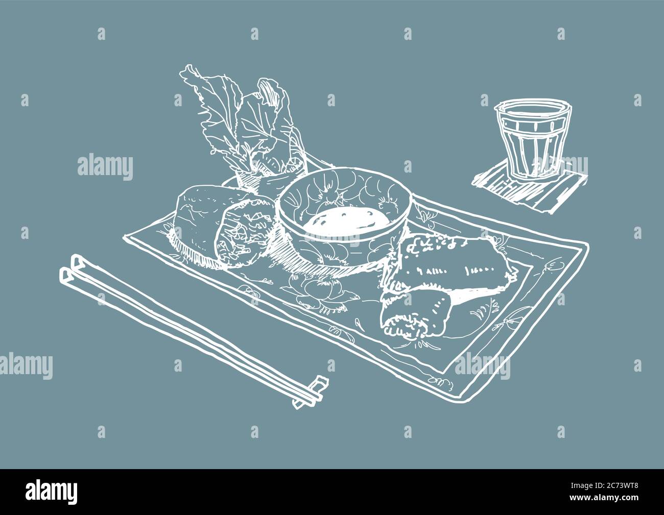 Drawing of Vietnamese spring rolls, or cha gio. It roughly means “minced pork rolls” in Vietnamese. Stock Vector