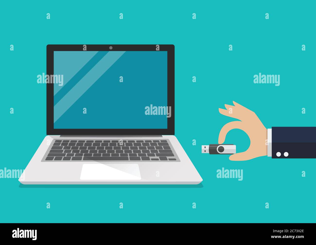 Businessman hand holding usb flash drive to connect a computer laptop ...