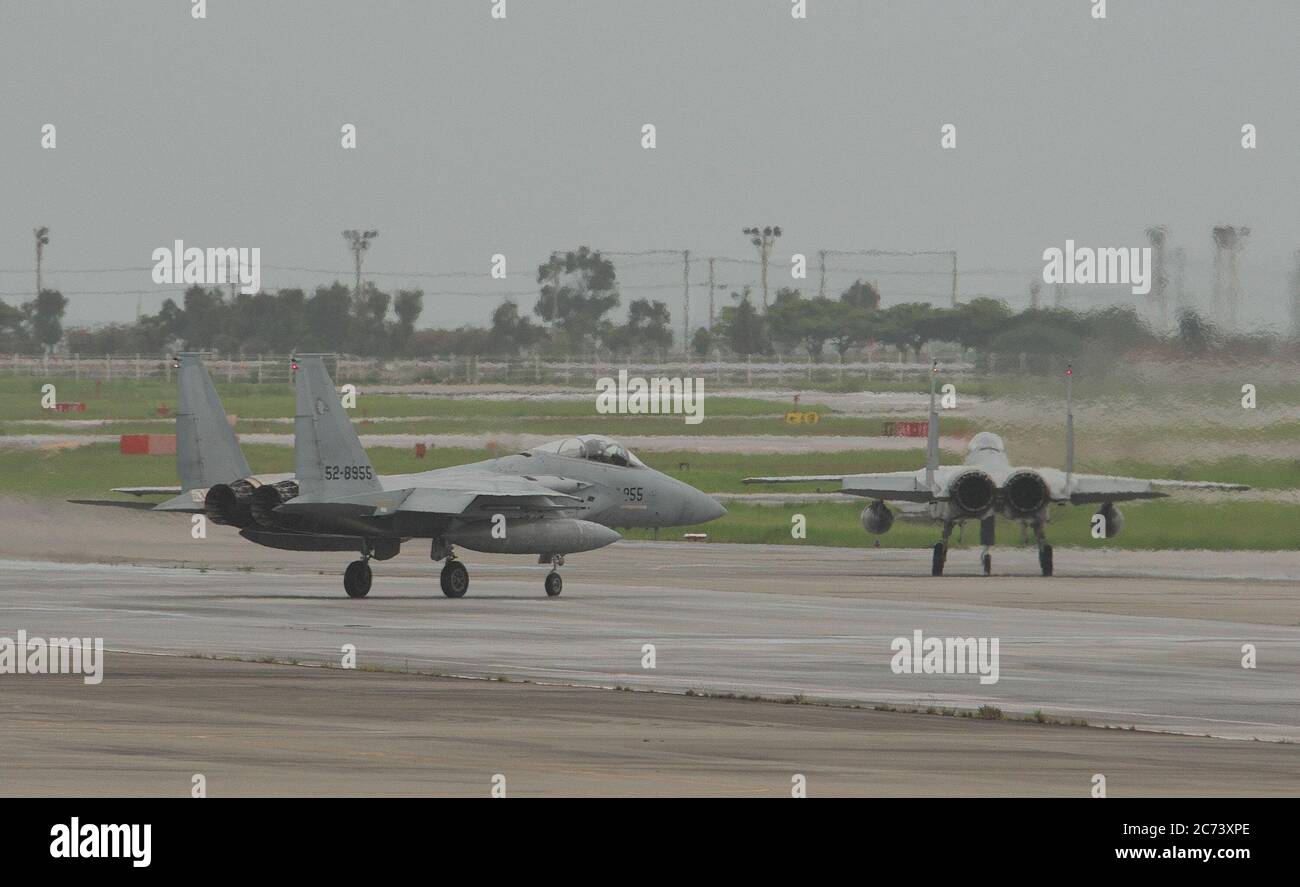 Japan Air Self-Defense Force F-15J Eagle taxiing at Naha Air Base in Okinawa-Prefecture, Japan on June 26, 2020. Credit: AFLO/Alamy Live News Stock Photo