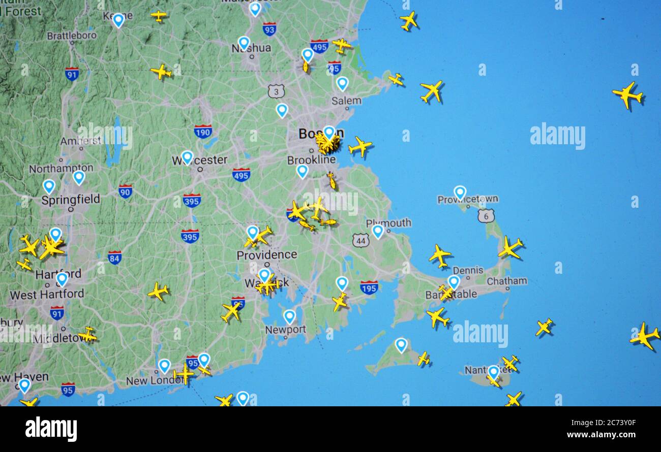 air traffic over Boston aera (13 july 2020, UTC 22.33) on Internet with Flightradar 24 site, during the Coronavirus Pandemic period Stock Photo