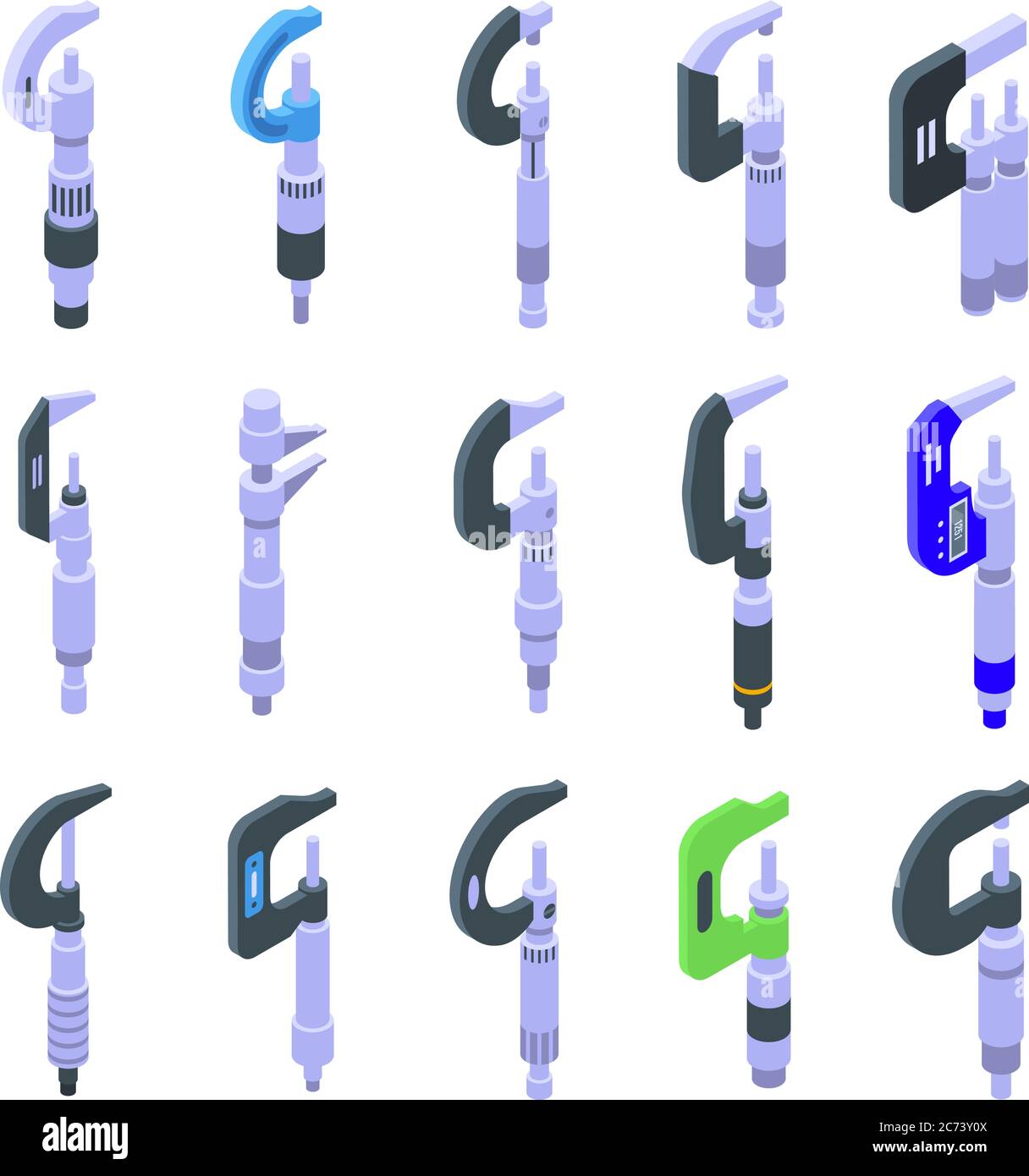Micrometer icons set, isometric style Stock Vector
