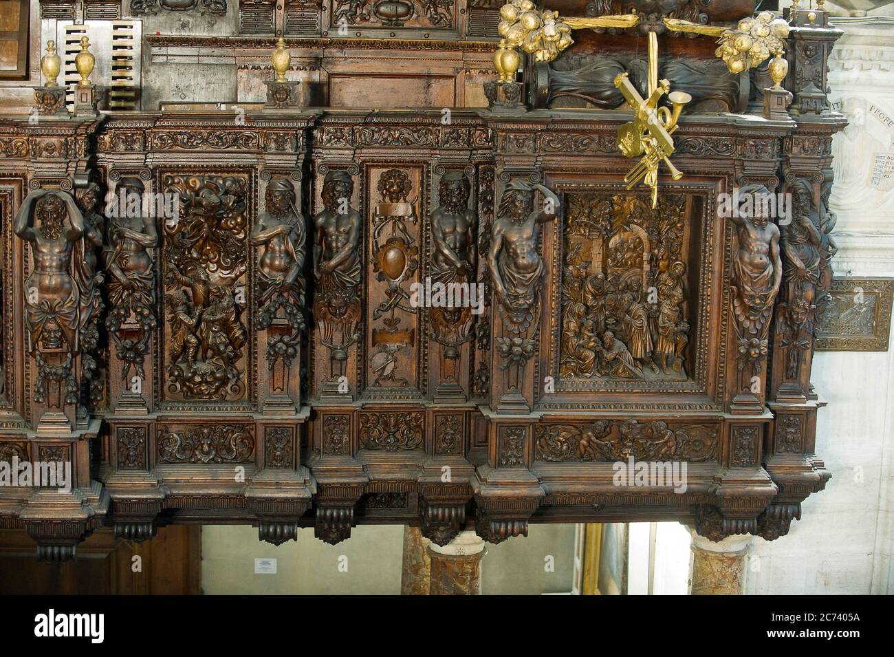 Europe, Italy, Lombardy, Tirano, Valtellina, Sanctuary of the Beata Vergine di Tirano Cabinet of the Organ, magnificence of cabinet-making and carved in wood. Stock Photo