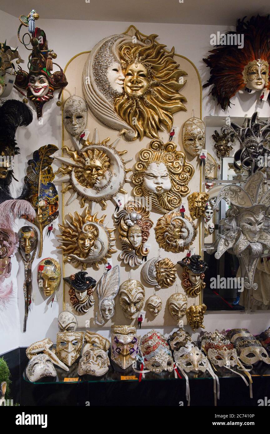Europe, Italy, Veneto, Venice. City built on the Adriatic Sea lagoon. City of water canals instead of roads. Capital of the Serenissima Republic of Venice. UNESCO World Heritage Site. Carnival Masks Stock Photo