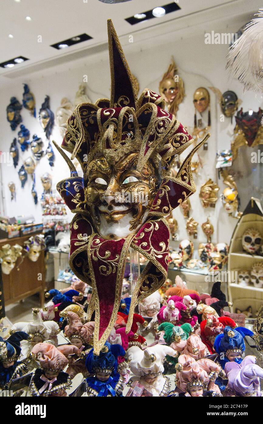 Europe, Italy, Veneto, Venice. City built on the Adriatic Sea lagoon. City of water canals instead of roads. Capital of the Serenissima Republic of Venice. UNESCO World Heritage Site. Carnival Masks Stock Photo