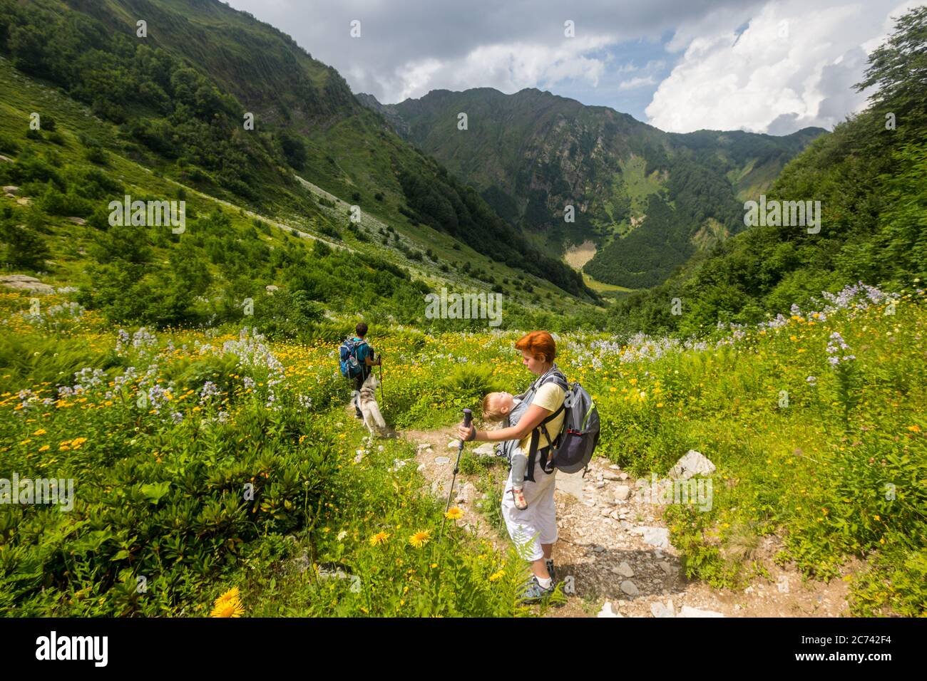 Woman Hiker trekking in mountains with child in backpack Stock Photo ...
