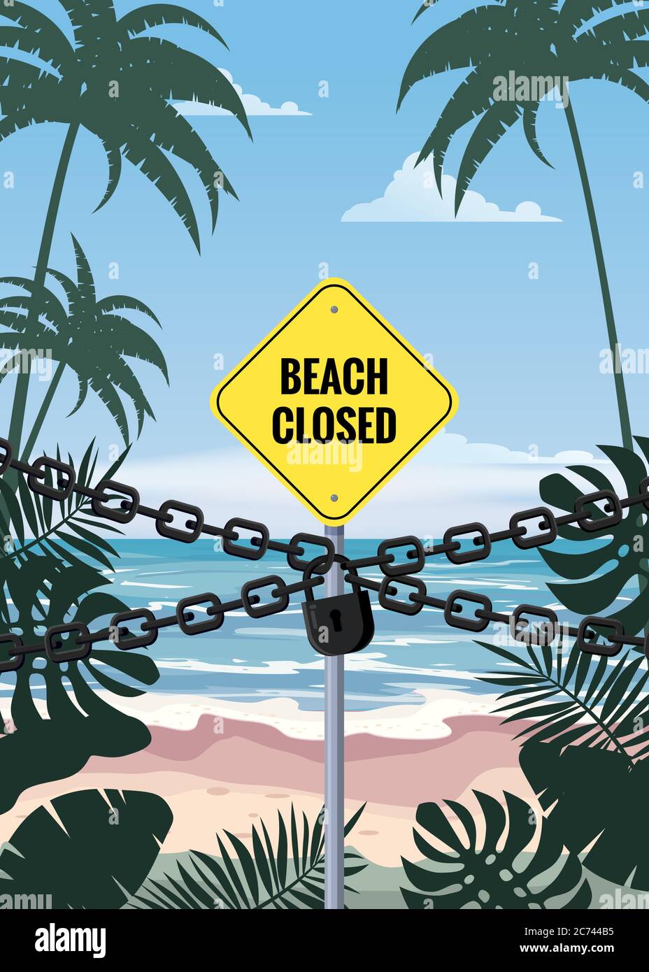 Beach Closed sign chain lock. Entrance on the beach is closed. Summertime palms and plants around. Cartoon vector illustration. Summer vacation on sea Stock Vector