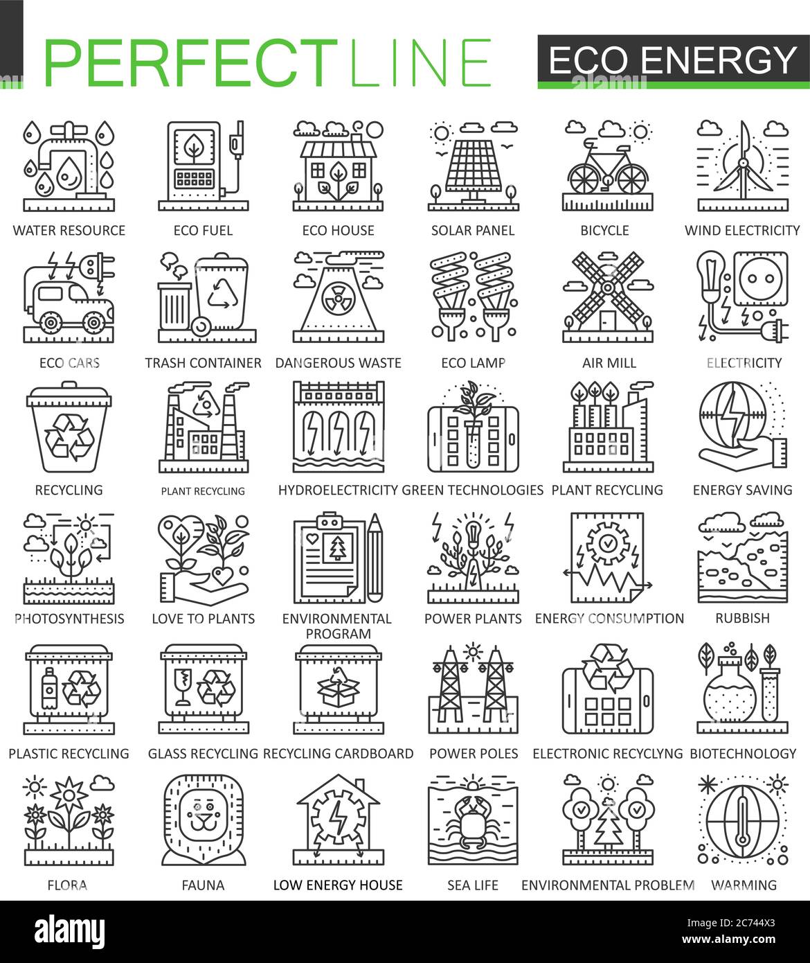Eco energy outline mini concept symbols. Renewable green technology modern stroke linear style illustrations set. Perfect thin line icons Stock Vector