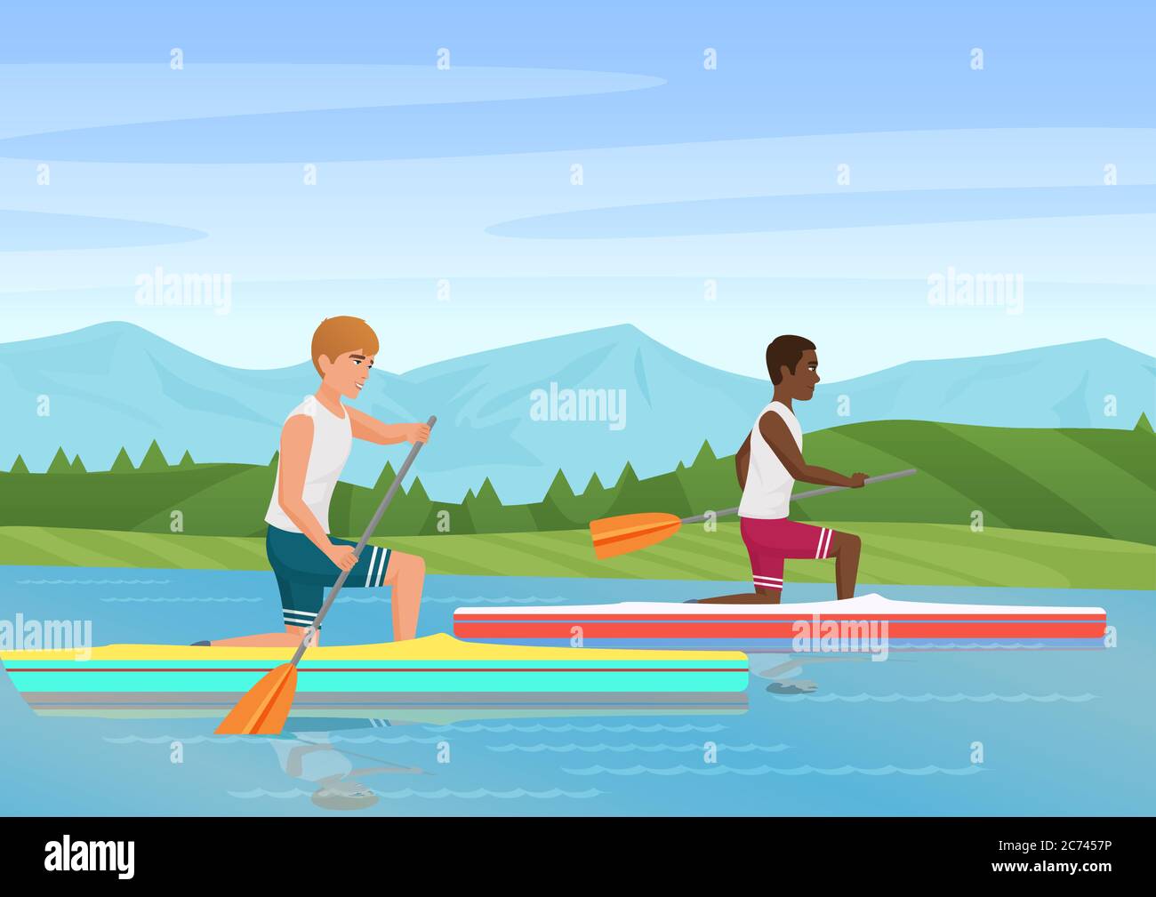 Vector illustration of two sportsmen rowing and competiting on river ...