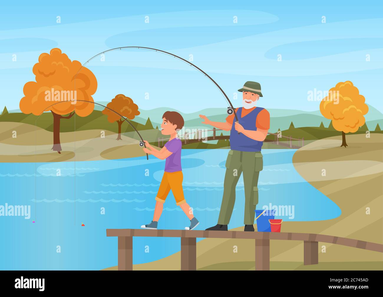 Дед с внуком на рыбалке рисунок