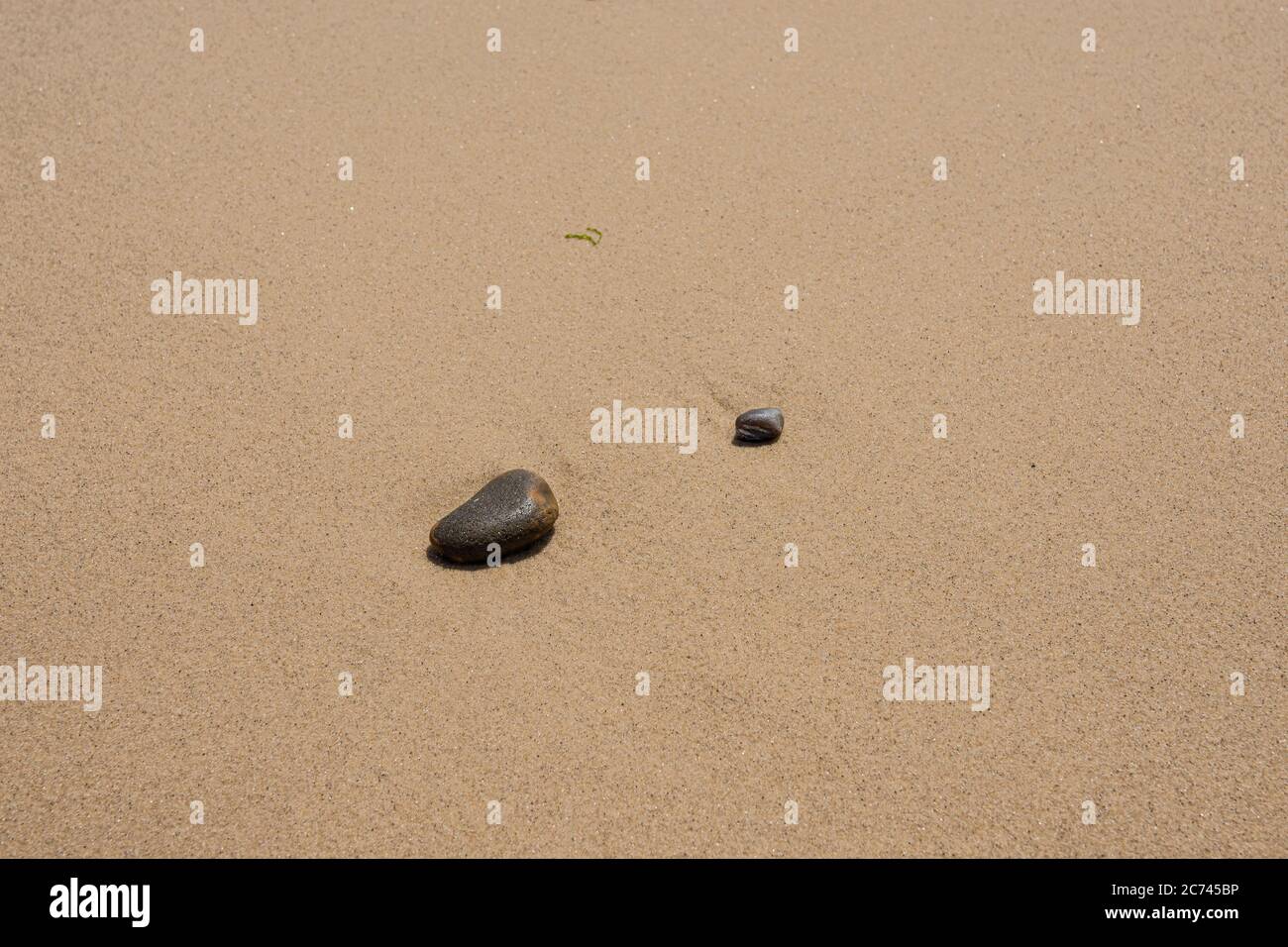 Two smooth beach pebbles against a background of flat water washed sand Stock Photo
