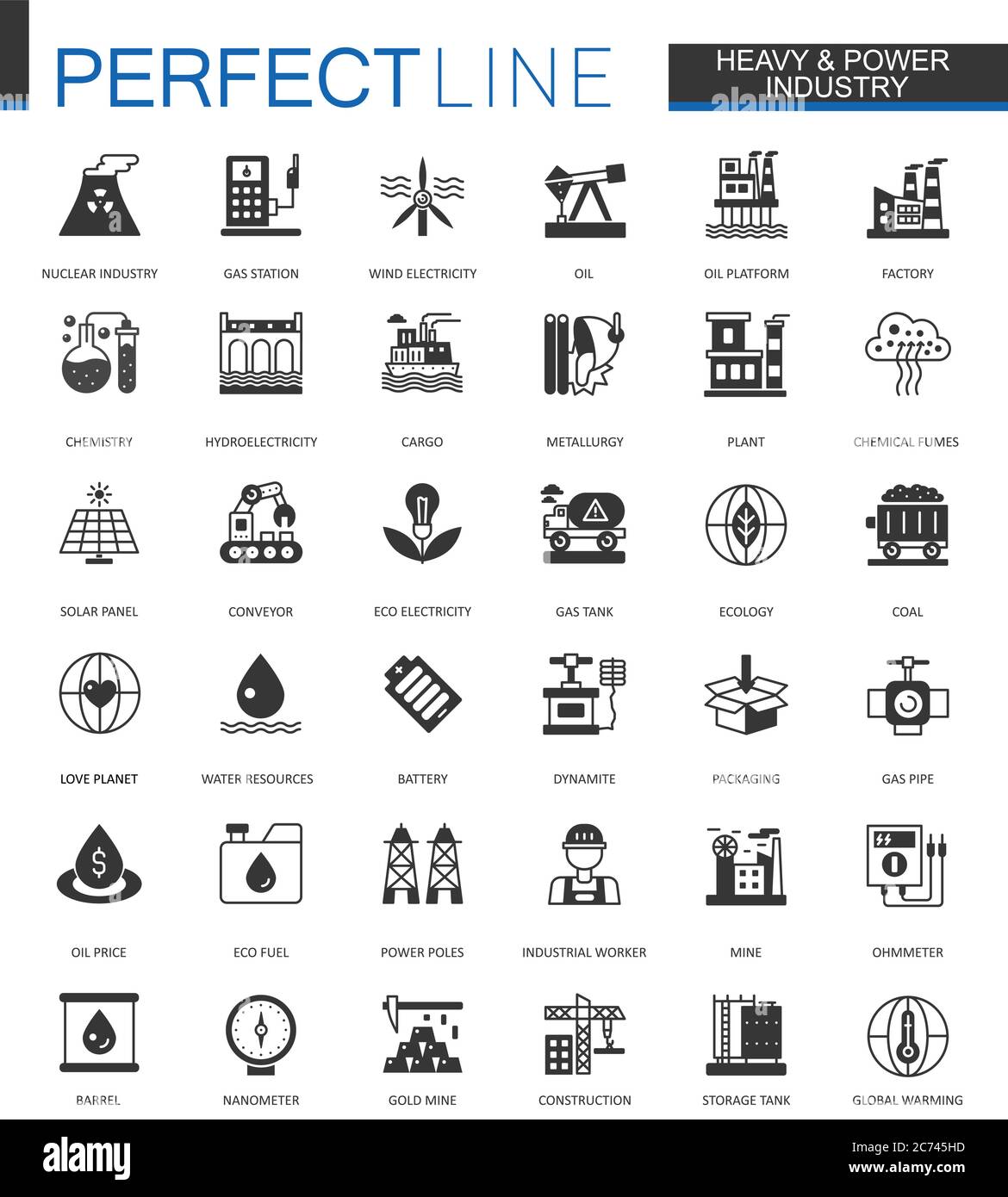 Black classic oil, heavy and power industry web icons set Stock Vector