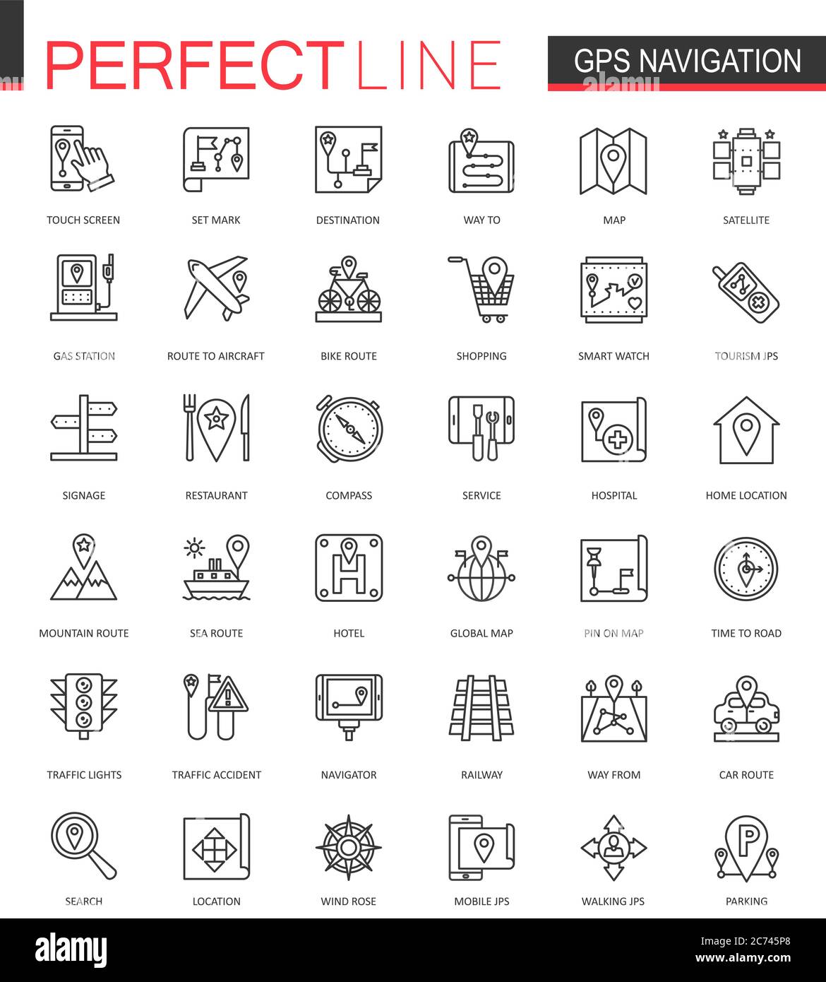 Navigation thin line web icons set. GPS location map outline stroke icons design Stock Vector