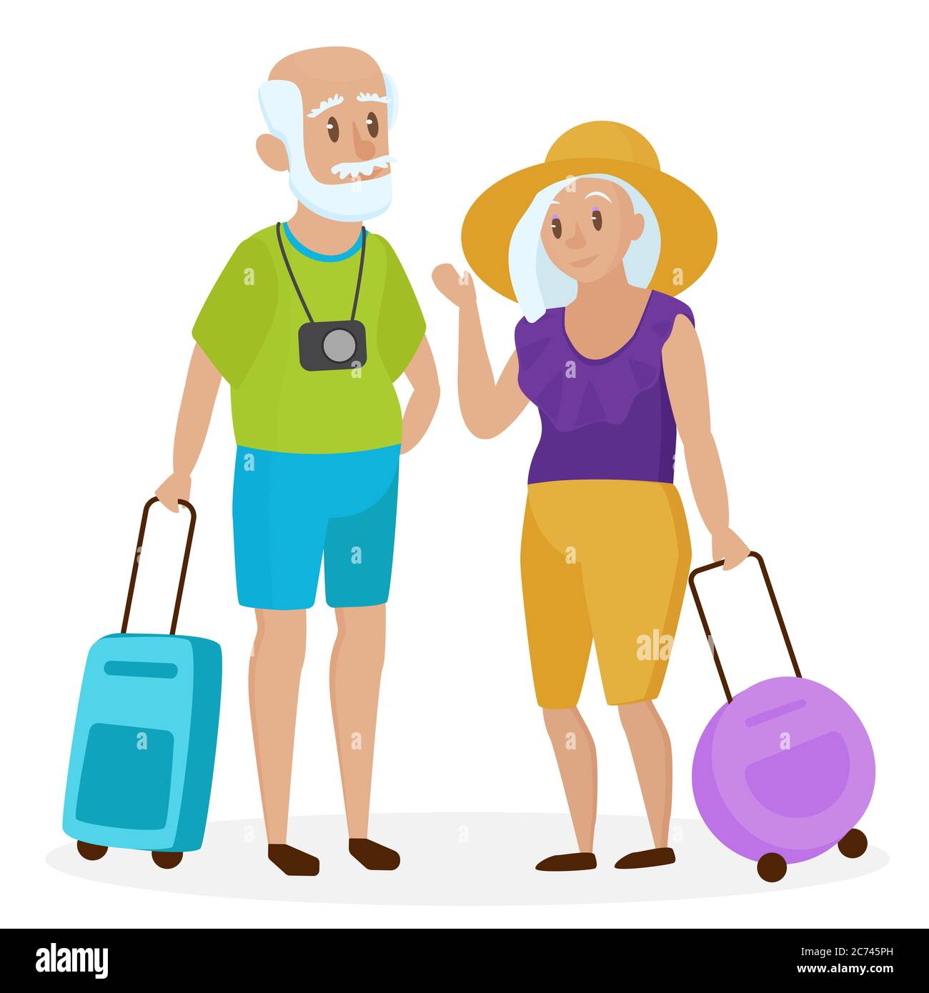 Old people tourists with suitcases. Happy grandparents travelers. Grandpa and grandma. Elderly couple traveling. Cartoon vector illustration Stock Vector