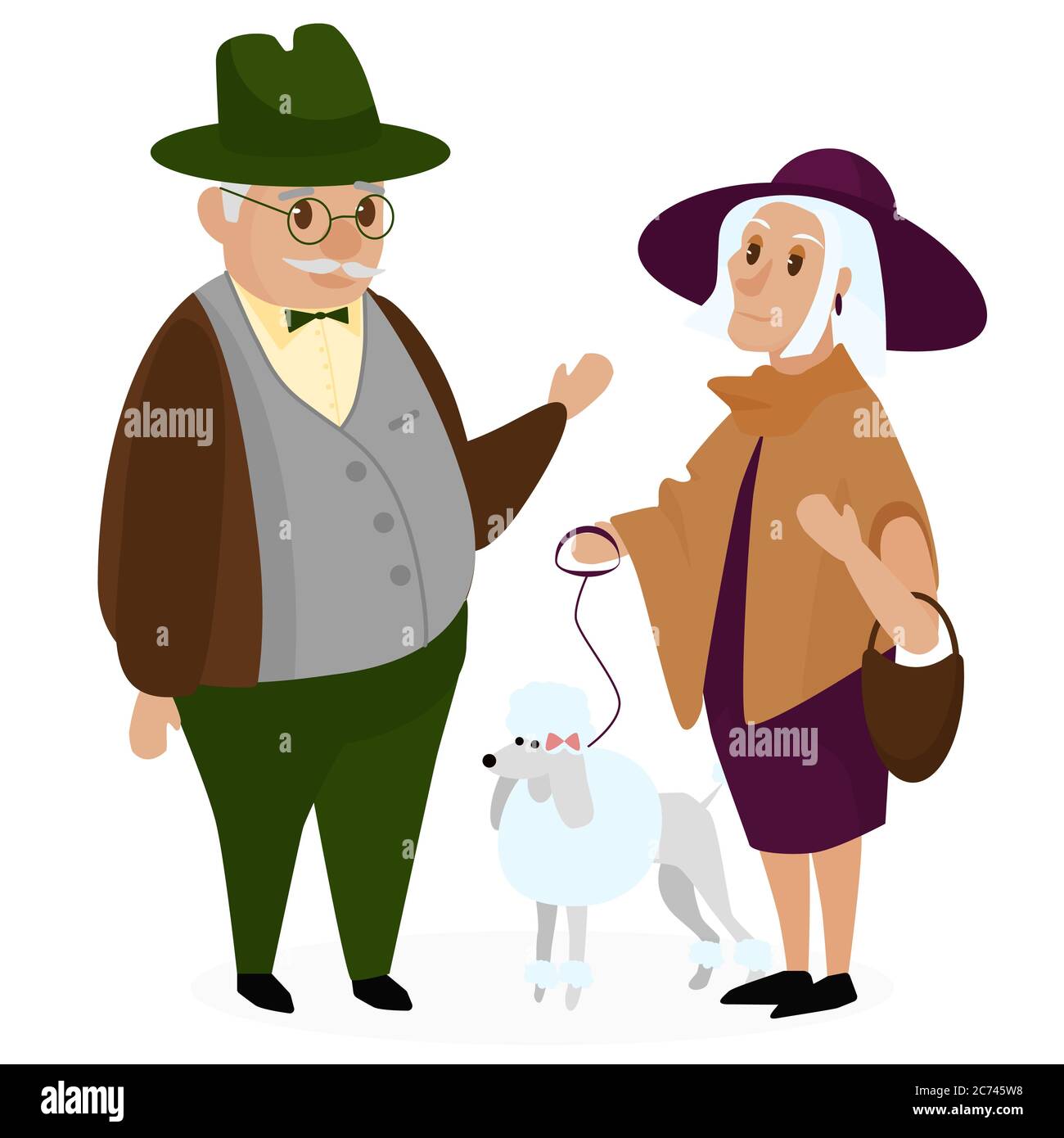 Old peple couple with a dog poodle. Happy grandparents together isolated. Grandpa and grandma. Elderly couple. Cartoon vector illustration Stock Vector