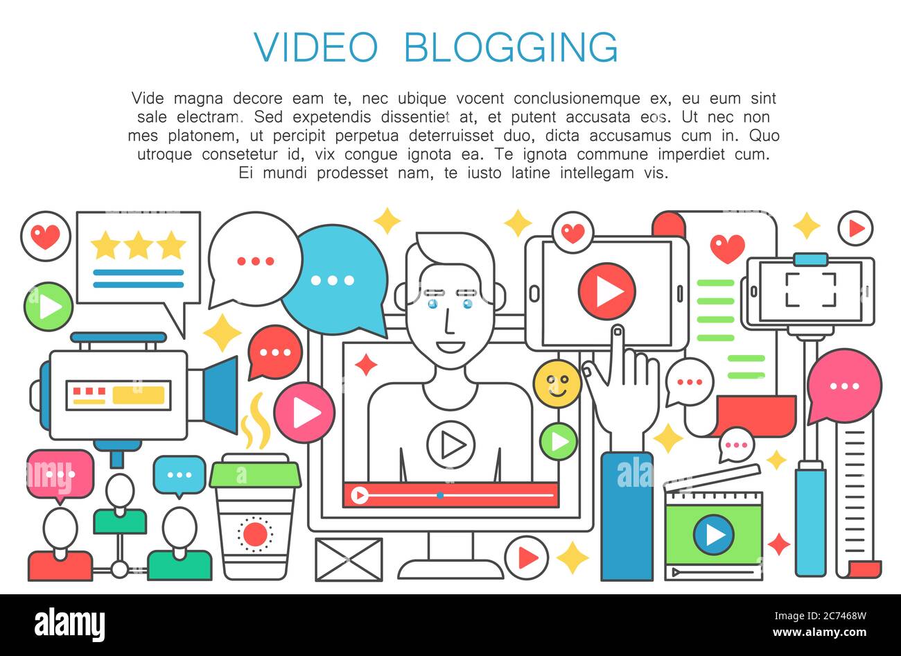 Video blogger flat line concept. Computer screen with man blogger. Personal blogging channel broadcasting thin outline stroke vector illustration Stock Vector